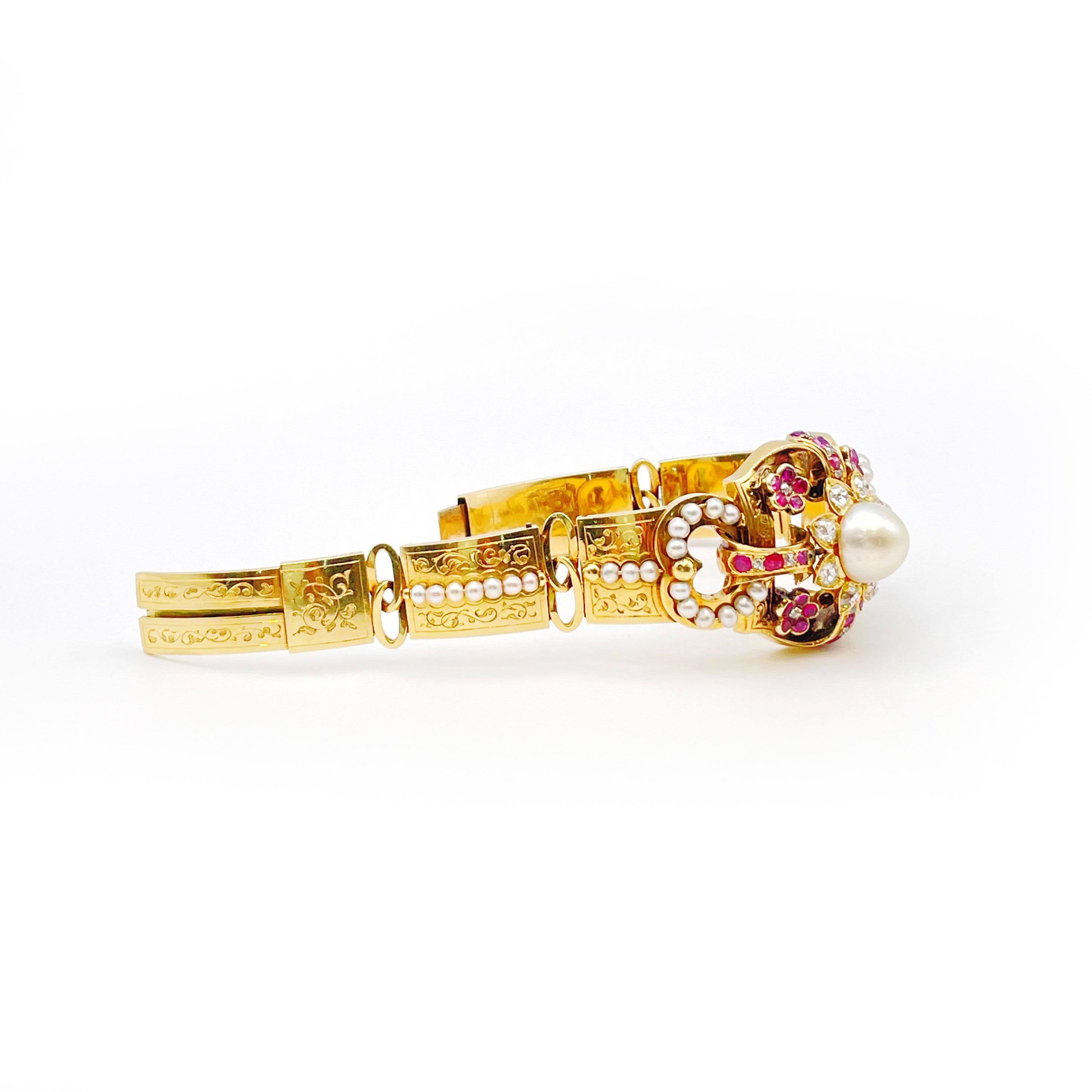 Bracelet victorien en or jaune 18K avec diamant, rubis et perle en vente 1