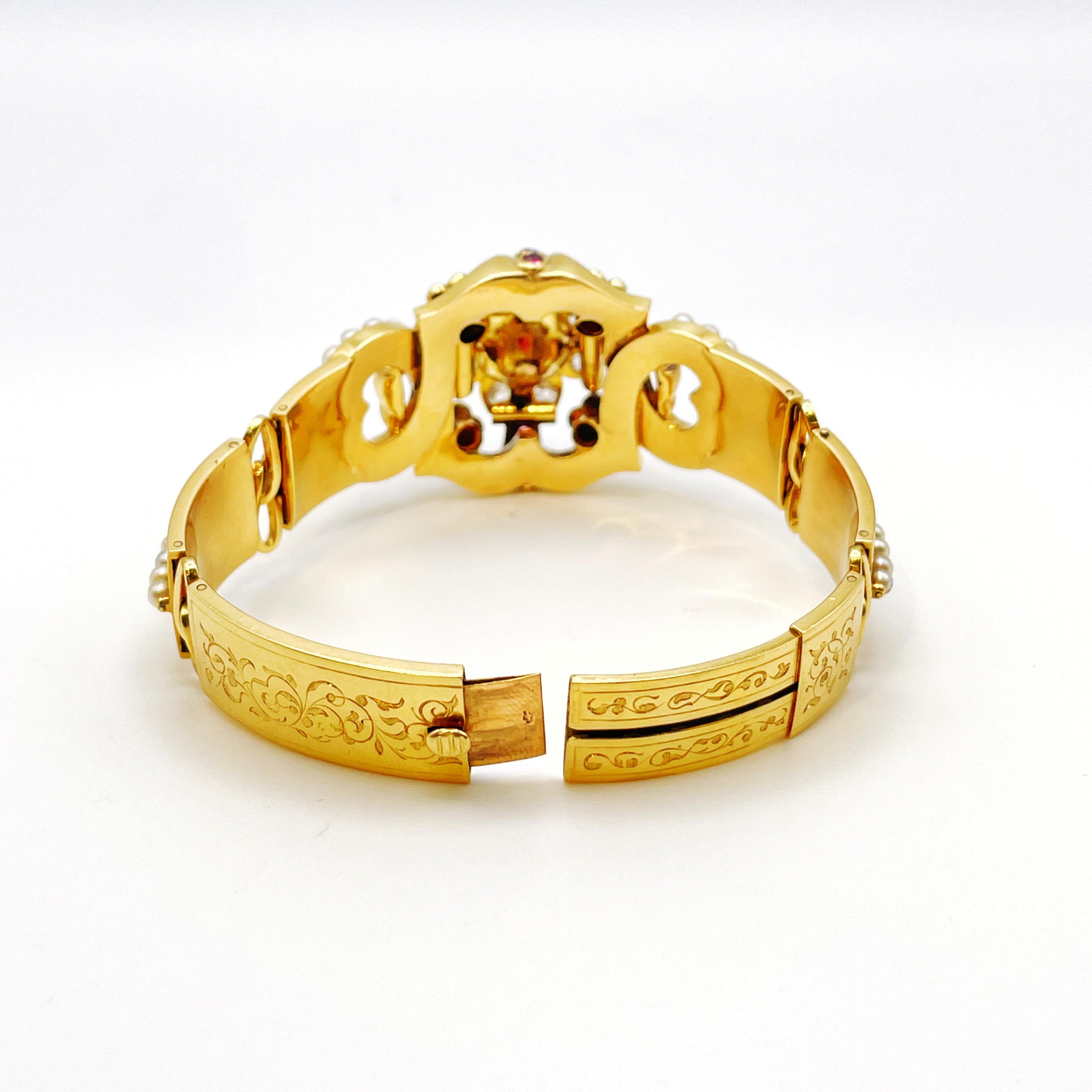 Bracelet victorien en or jaune 18K avec diamant, rubis et perle en vente 2