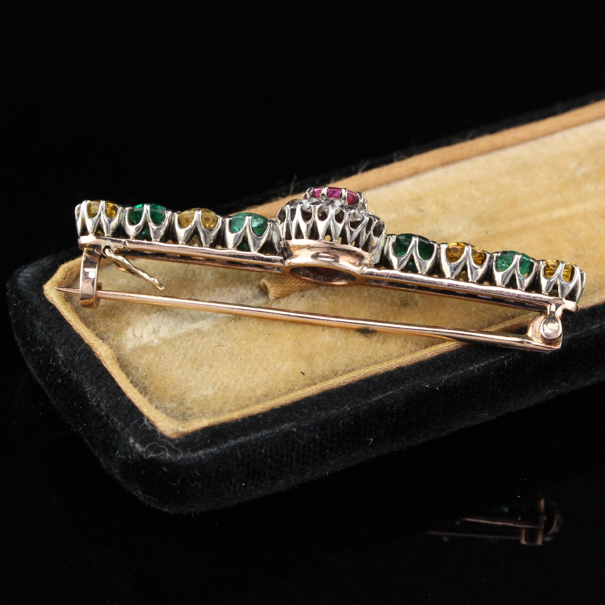 Emerald Cut Victorian 18 Karat Gold Diamond Burmese Ruby, Emerald and Yellow Sapphire Brooch