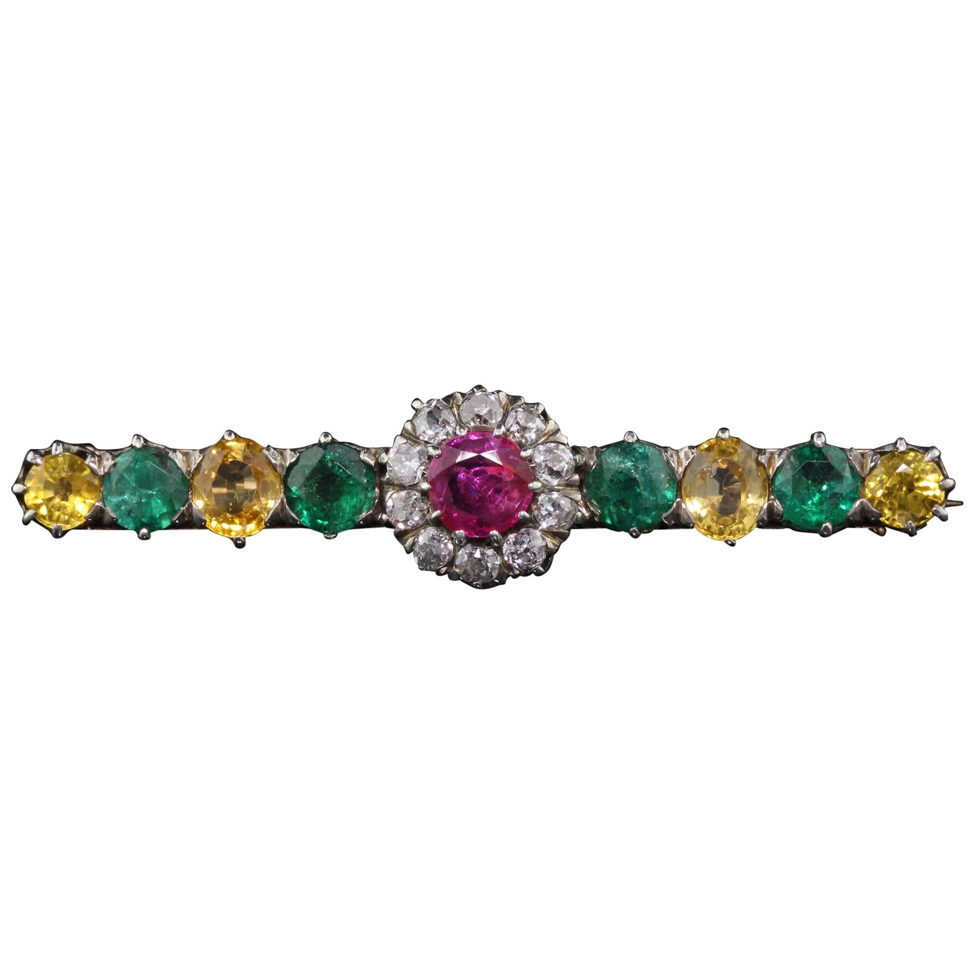 Victorian 18 Karat Gold Diamond Burmese Ruby, Emerald and Yellow Sapphire Brooch
