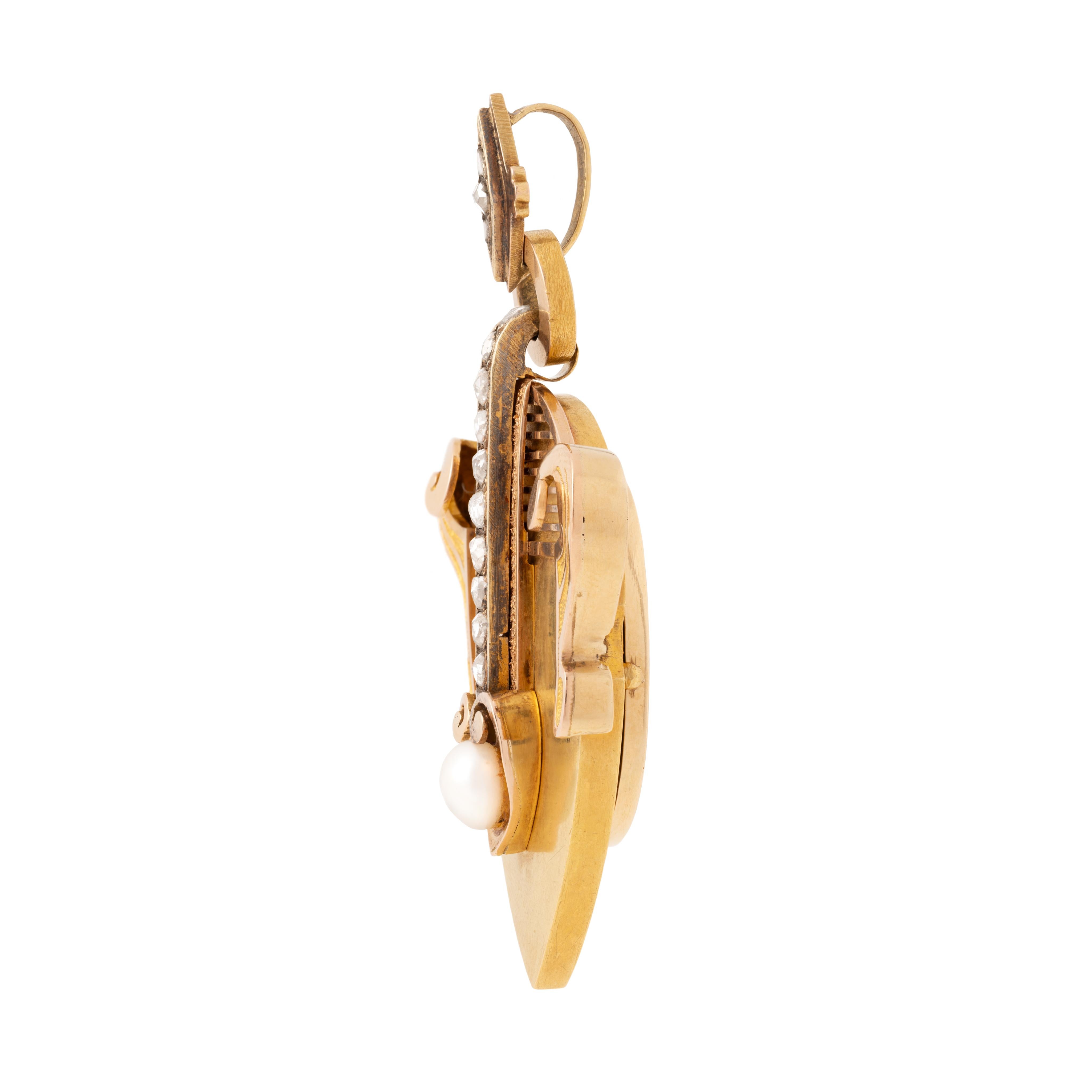 Rose Cut Victorian 18k Yellow Gold Harp-shaped Locket with Rose-Cut Diamonds For Sale