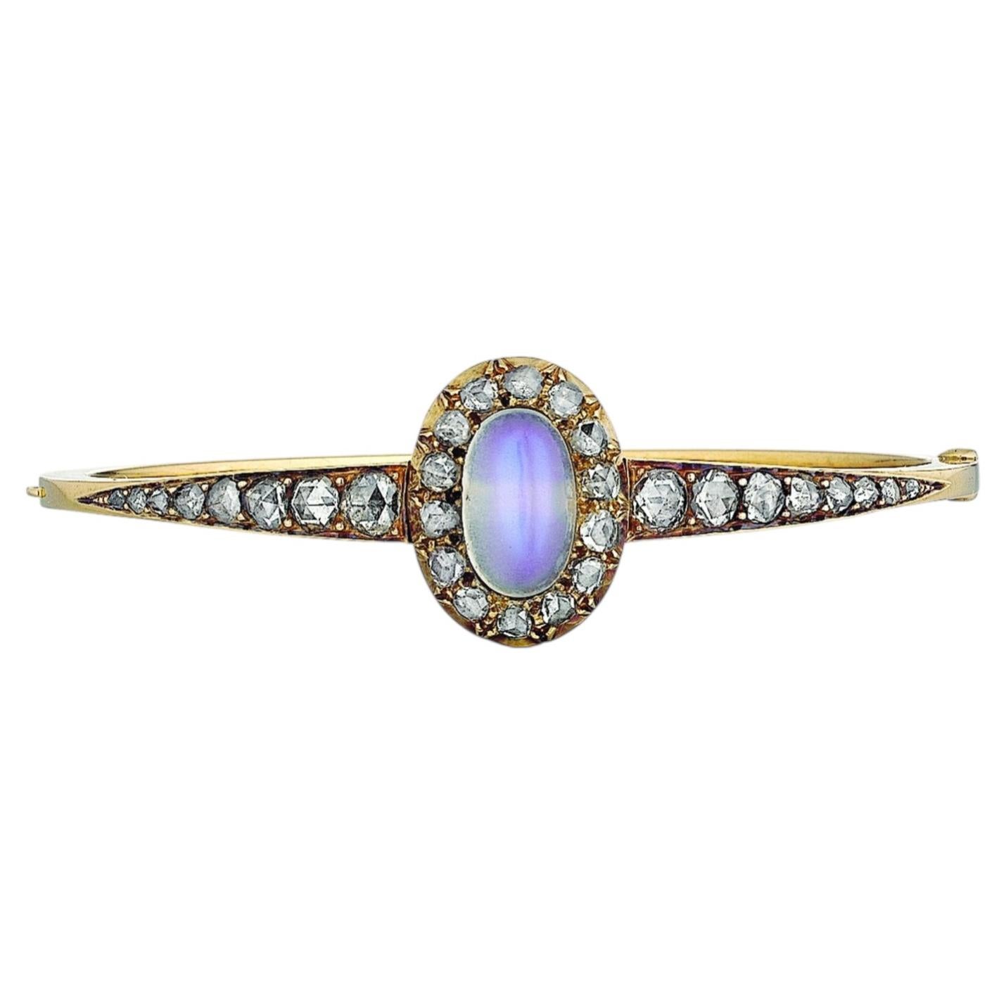 Victorian 18K Yellow Gold Moonstone Bangle Bracelet with Diamonds
