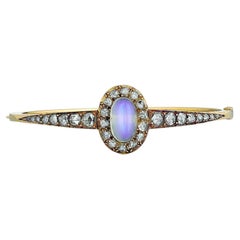 Victorian 18K Yellow Gold Moonstone Bangle Bracelet with Diamonds