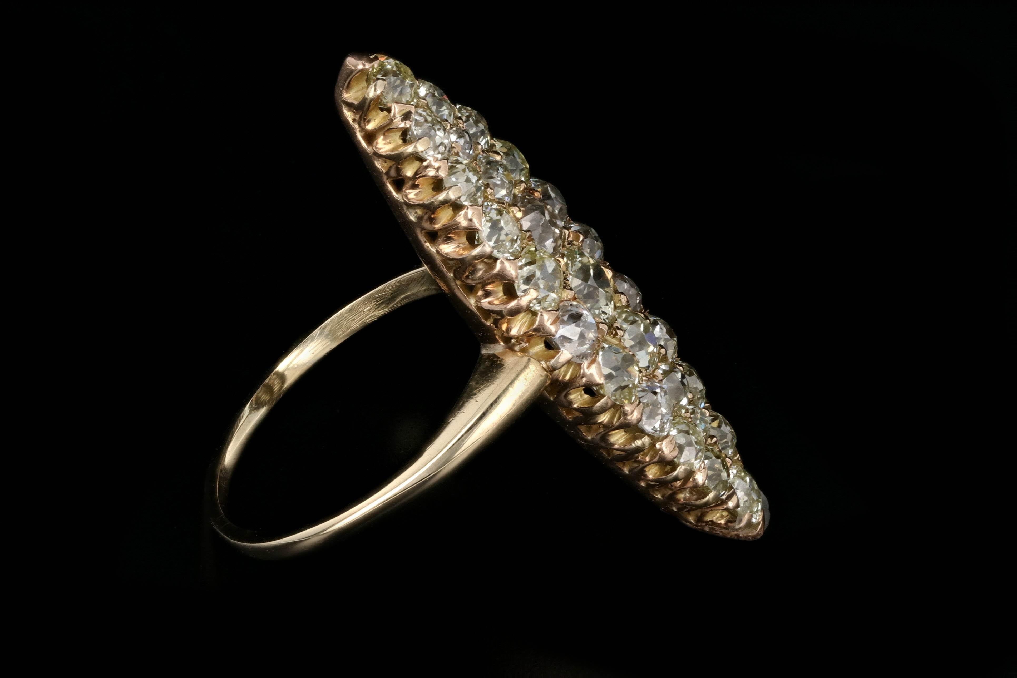 Victorian 18 Karat Yellow Gold Old Cut Diamond Navette Ring In Excellent Condition In Cape May, NJ