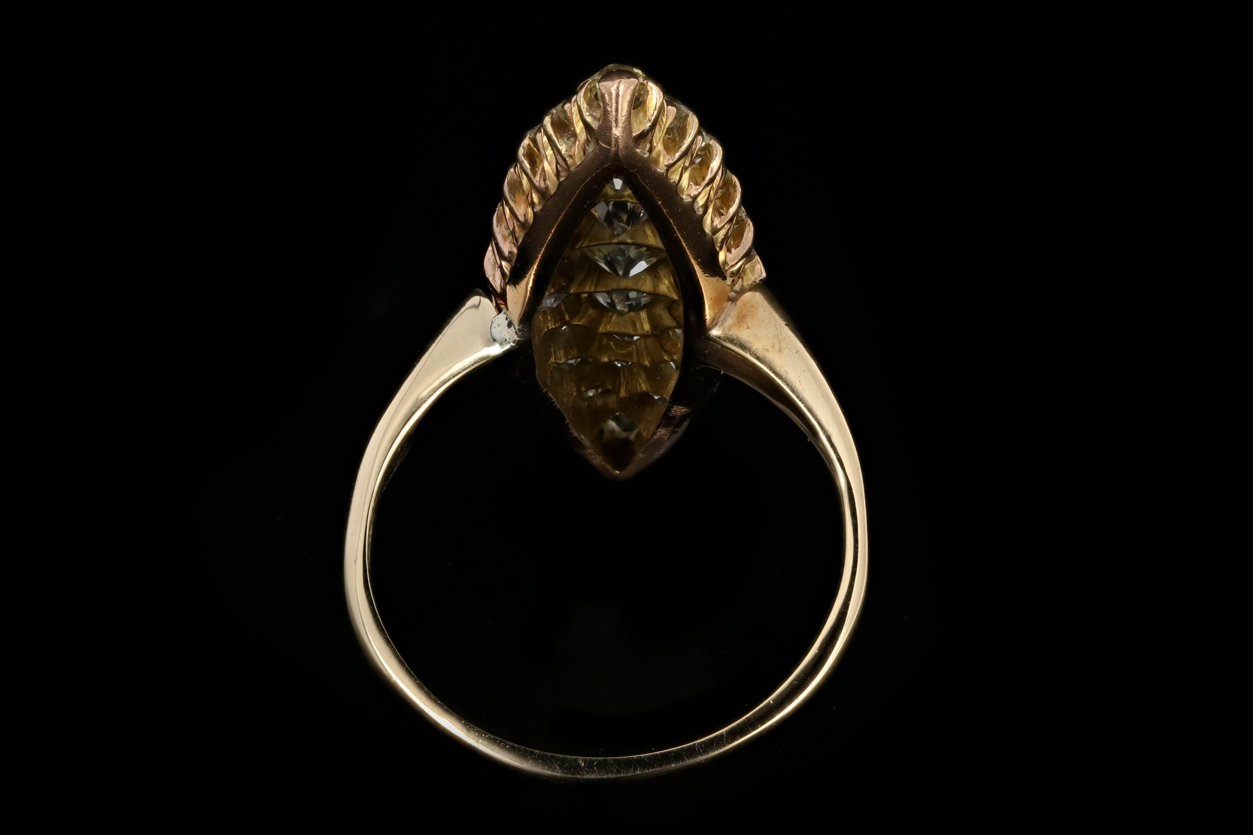 Women's Victorian 18 Karat Yellow Gold Old Cut Diamond Navette Ring