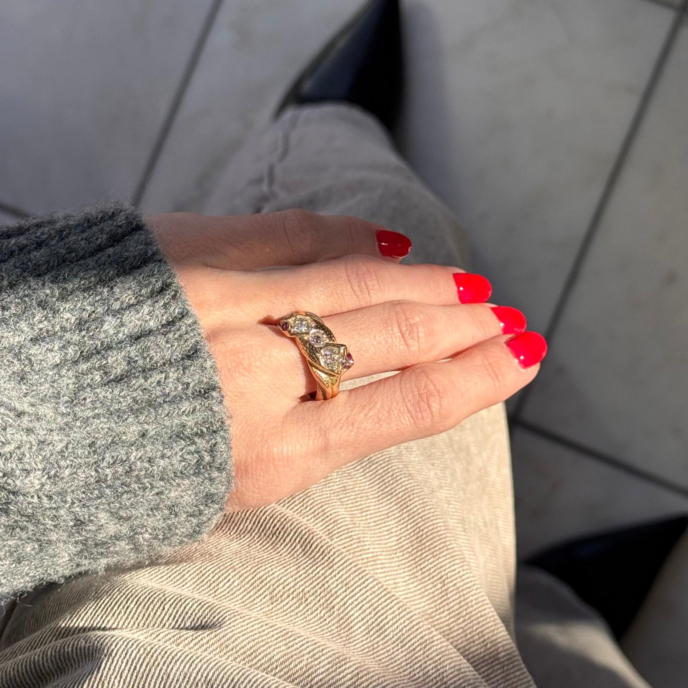 Victorian 18K Yellow Gold Old European Cut Diamond and Ruby Snake Ring In Excellent Condition For Sale In Cape May, NJ