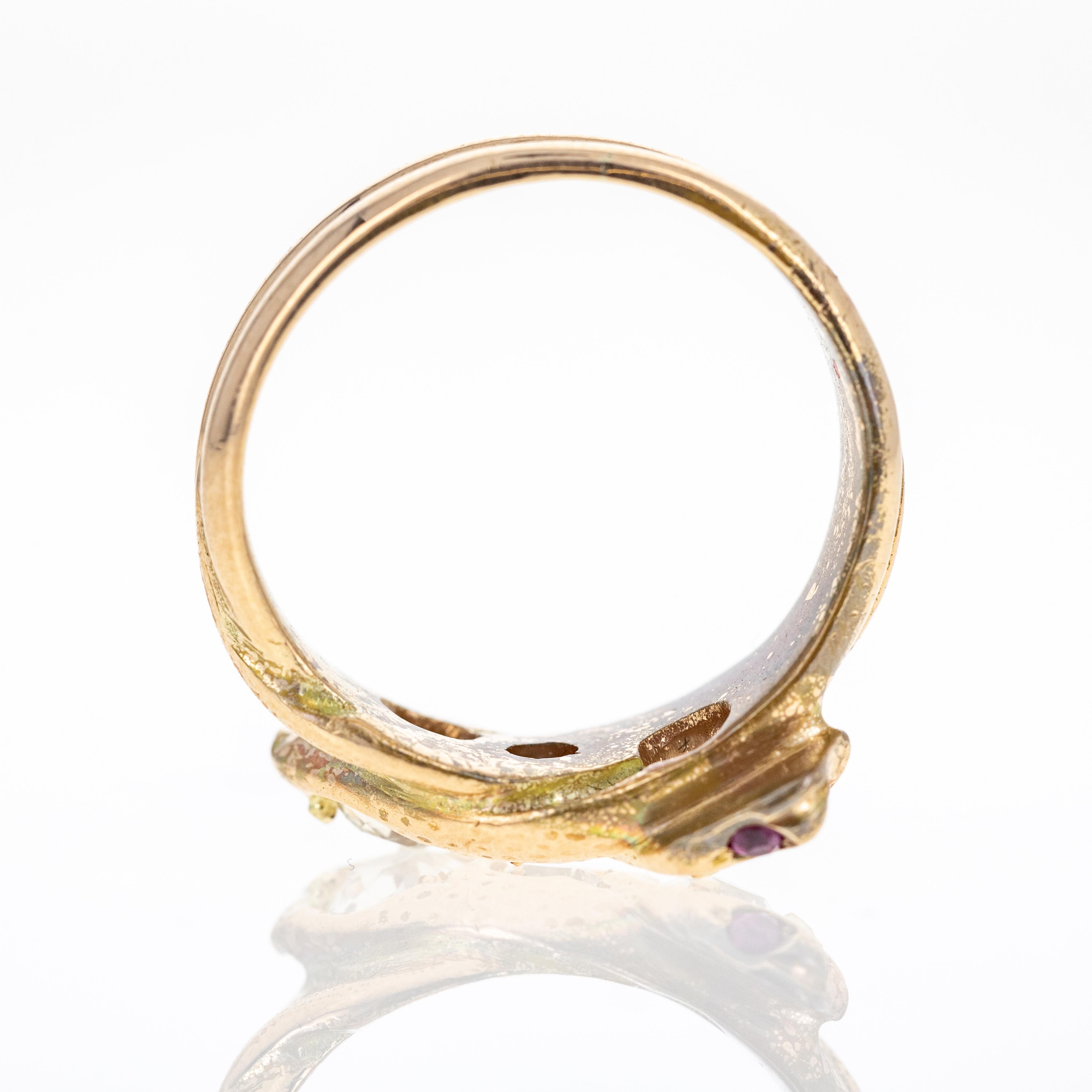 Women's or Men's Victorian 18K Yellow Gold Old European Cut Diamond and Ruby Snake Ring For Sale