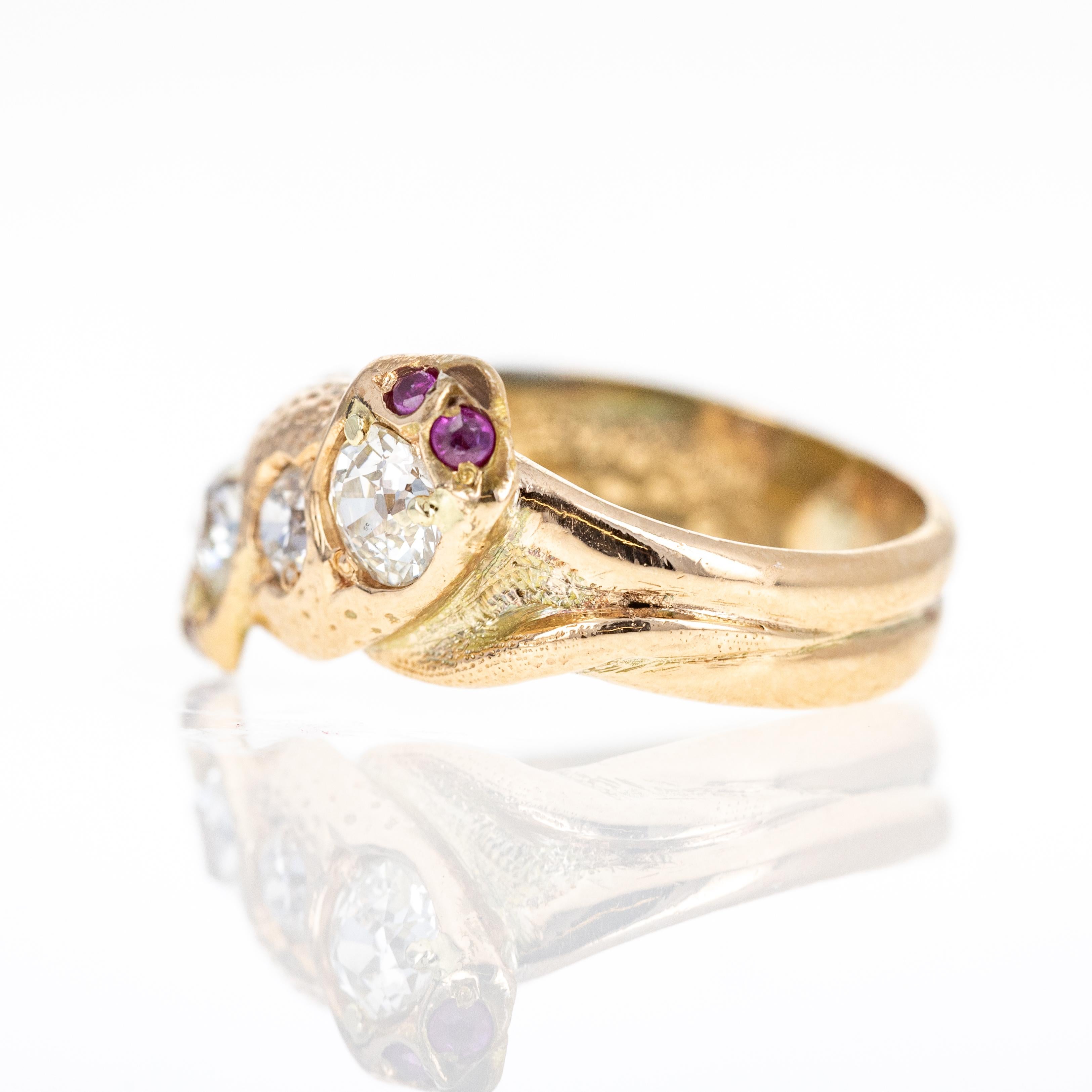 Victorian 18K Yellow Gold Old European Cut Diamond and Ruby Snake Ring For Sale 2