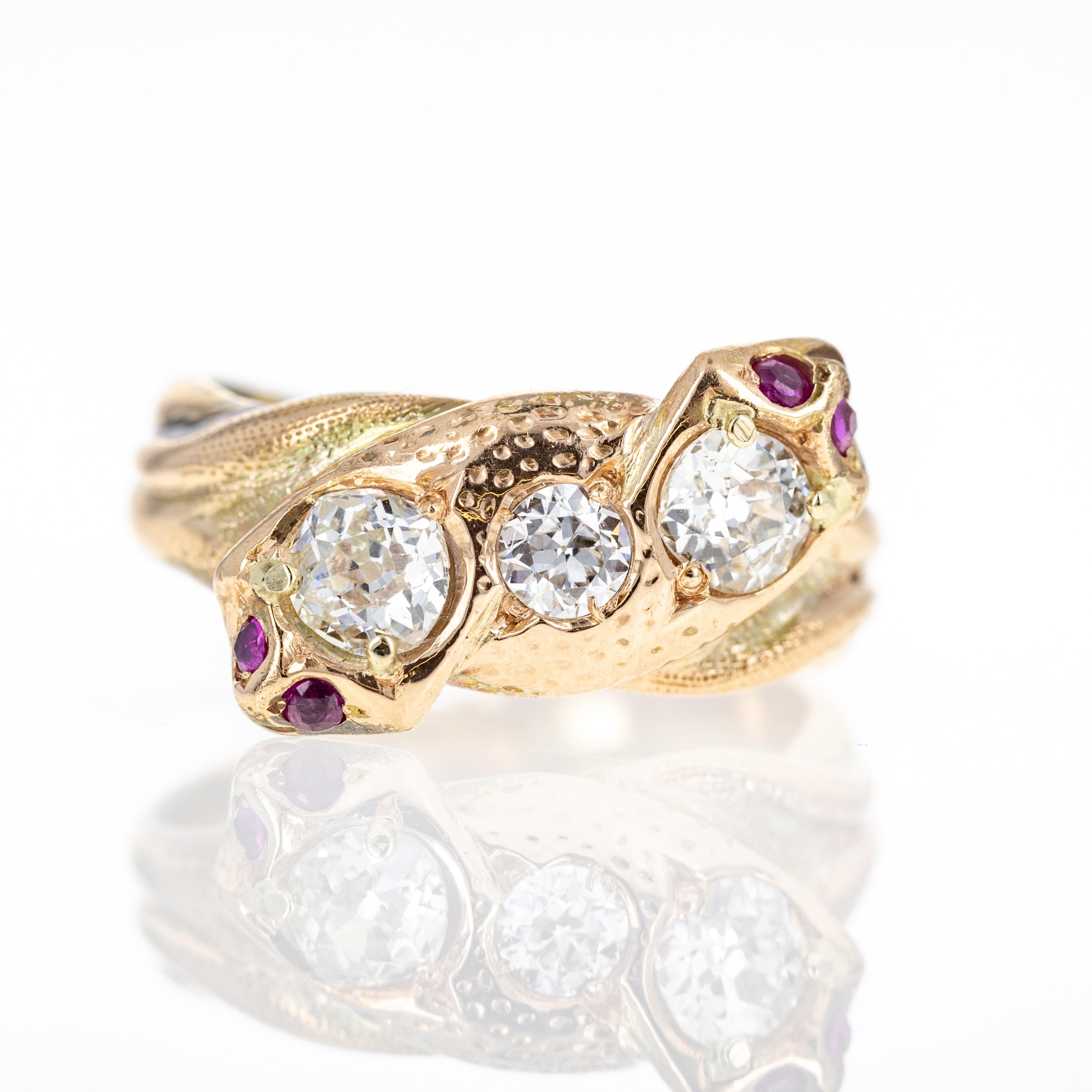 Victorian 18K Yellow Gold Old European Cut Diamond and Ruby Snake Ring For Sale 3