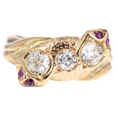 Victorian 18K Yellow Gold Old European Cut Diamond and Ruby Snake Ring