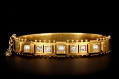 Victorian 18 Karat Yellow Gold Old Mine Cut Diamond and Pearl Bangle Bracelet