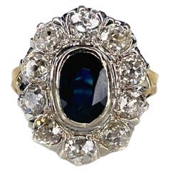 Victorian 18K Yellow Gold Oval 1ct Sapphire Old Cut Diamond Cluster Ring