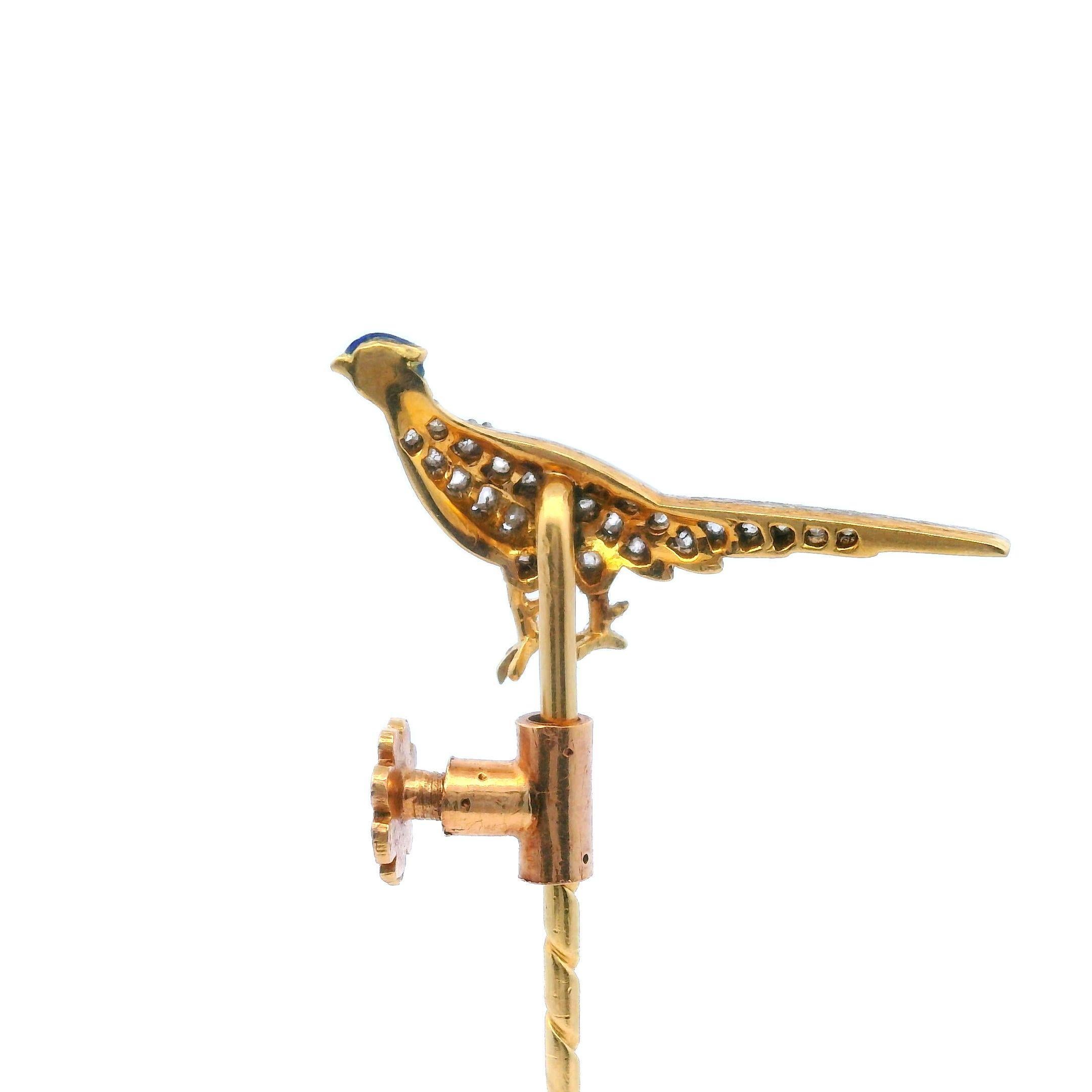 Victorian 18K Yellow Gold Pheasant Stickpin Rose Cut Diamonds and Enamel In Excellent Condition For Sale In Fairfield, CT