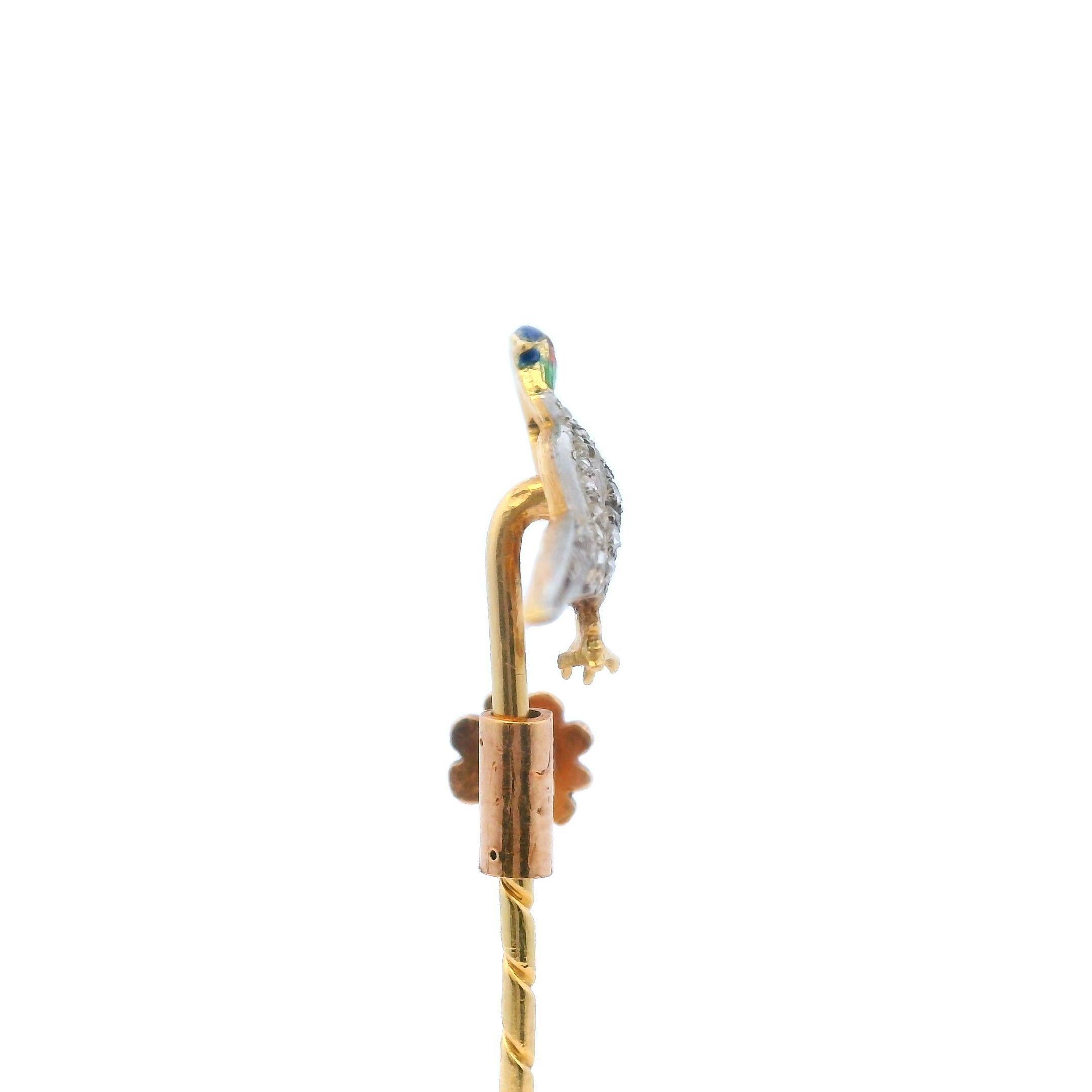 Women's or Men's Victorian 18K Yellow Gold Pheasant Stickpin Rose Cut Diamonds and Enamel For Sale