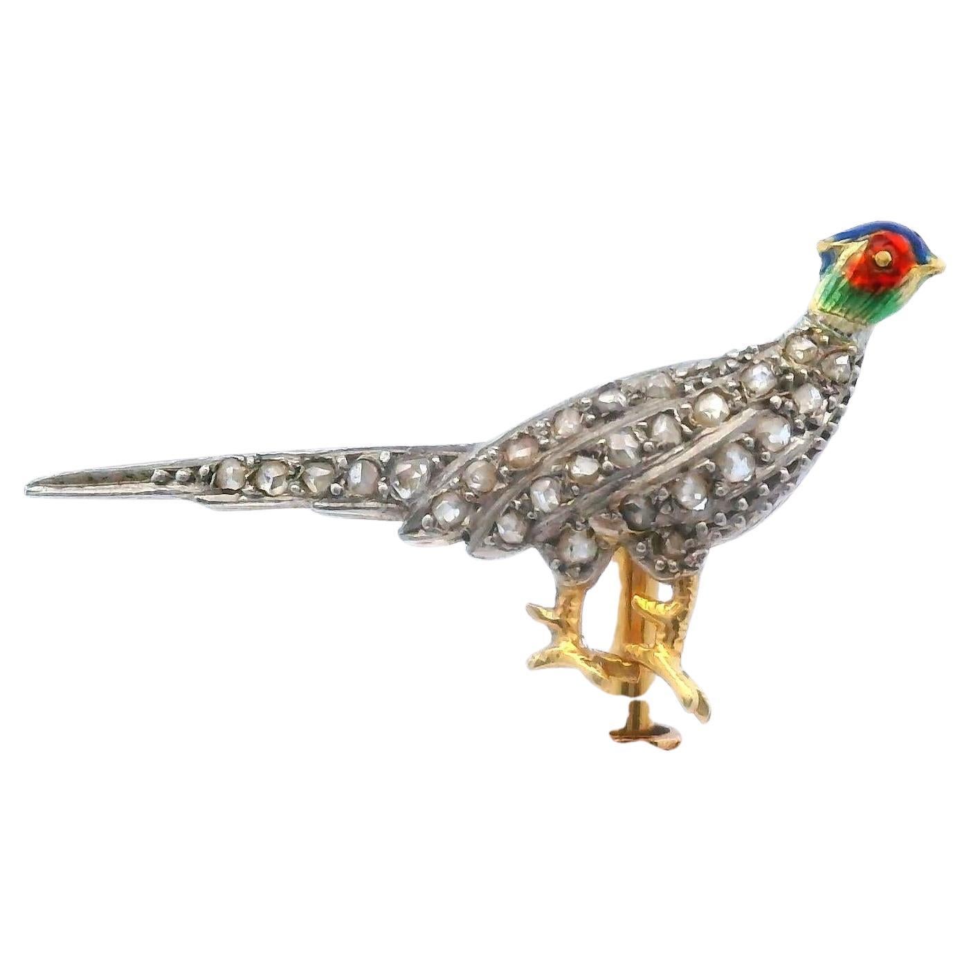 Victorian 18K Yellow Gold Pheasant Stickpin Rose Cut Diamonds and Enamel