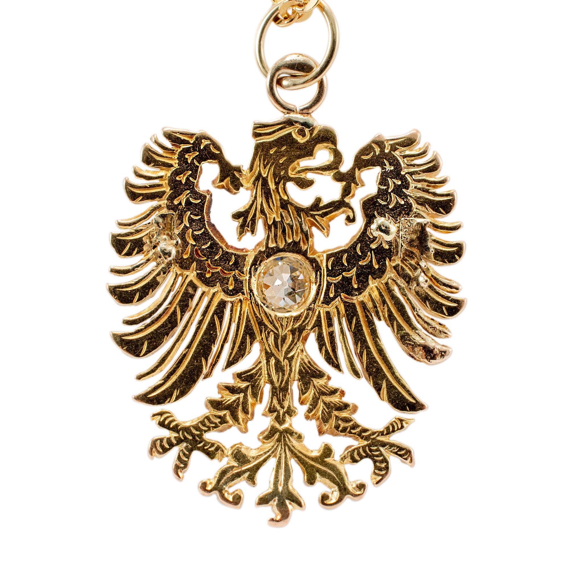 Viktorianische 18K Gelbgold Polen Adler Old European Cut Diamant-Anhänger Halskette im Zustand „Hervorragend“ in Houston, TX