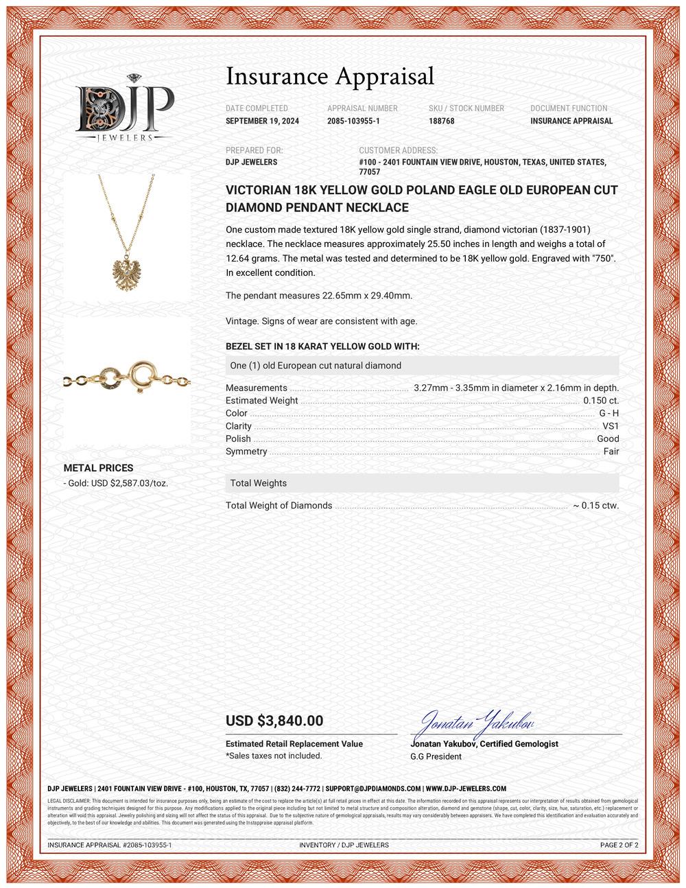 Viktorianische 18K Gelbgold Polen Adler Old European Cut Diamant-Anhänger Halskette 3
