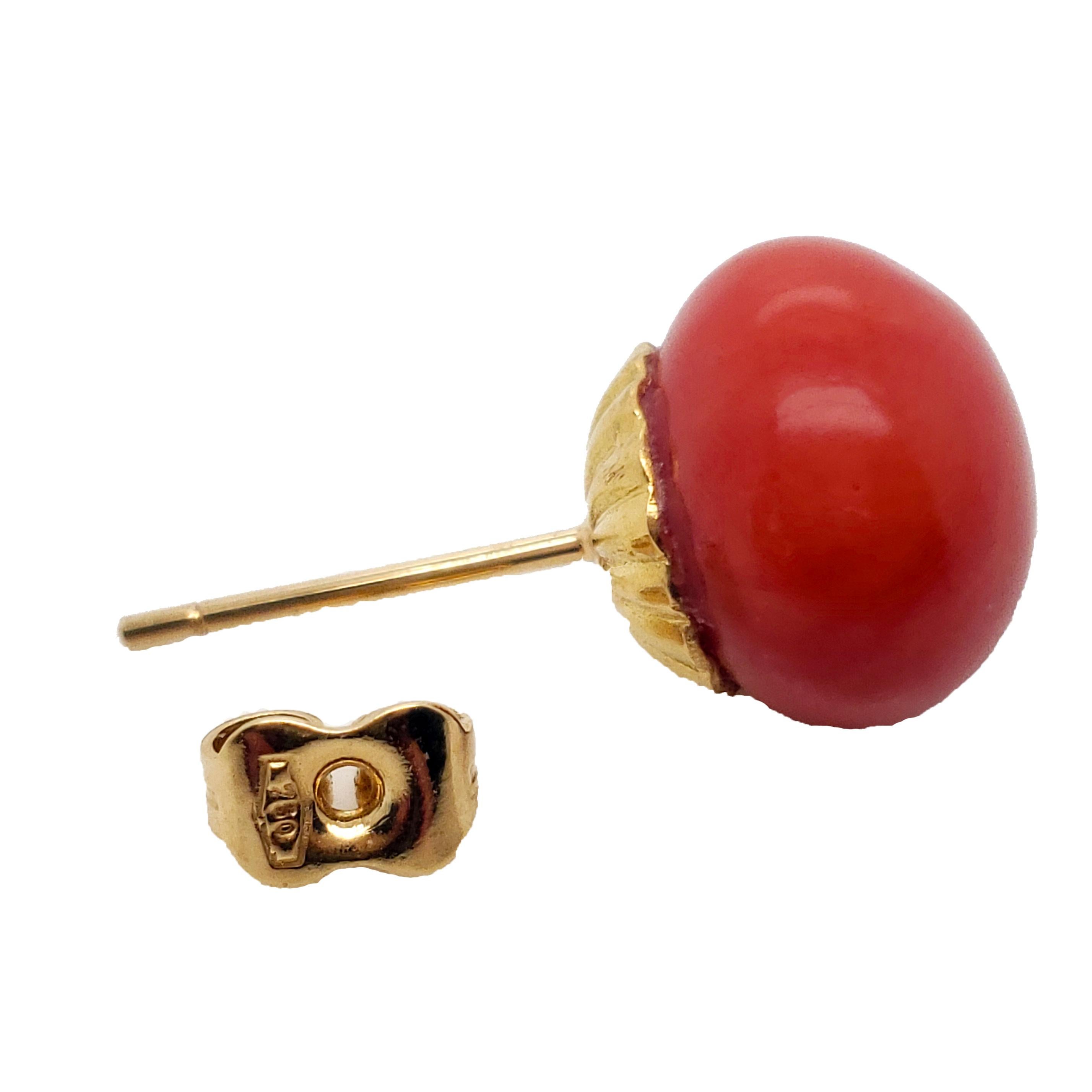 Women's or Men's Victorian 18 Karat Yellow Gold Red Coral Button Earrings
