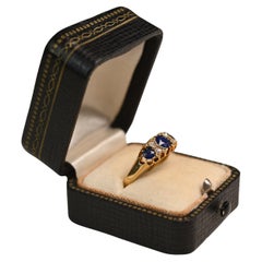 Victorian 18K Yellow Gold Ring. Sapphire Diamond Accent Three Stone Ring 1880