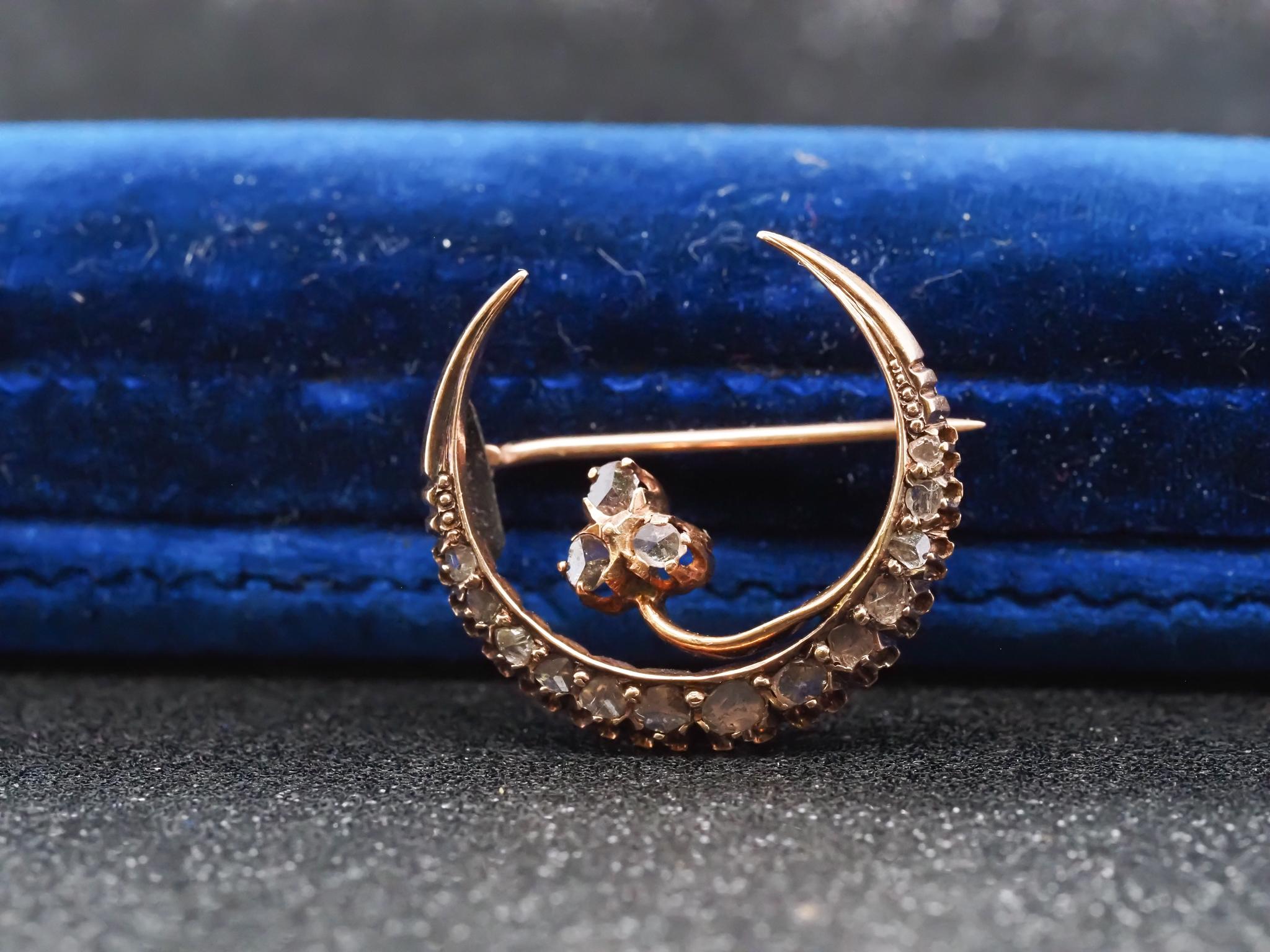 Victorian 18K Yellow Gold Rose Cut Diamond Crescent Moon Brooch - VHK#228a For Sale 1