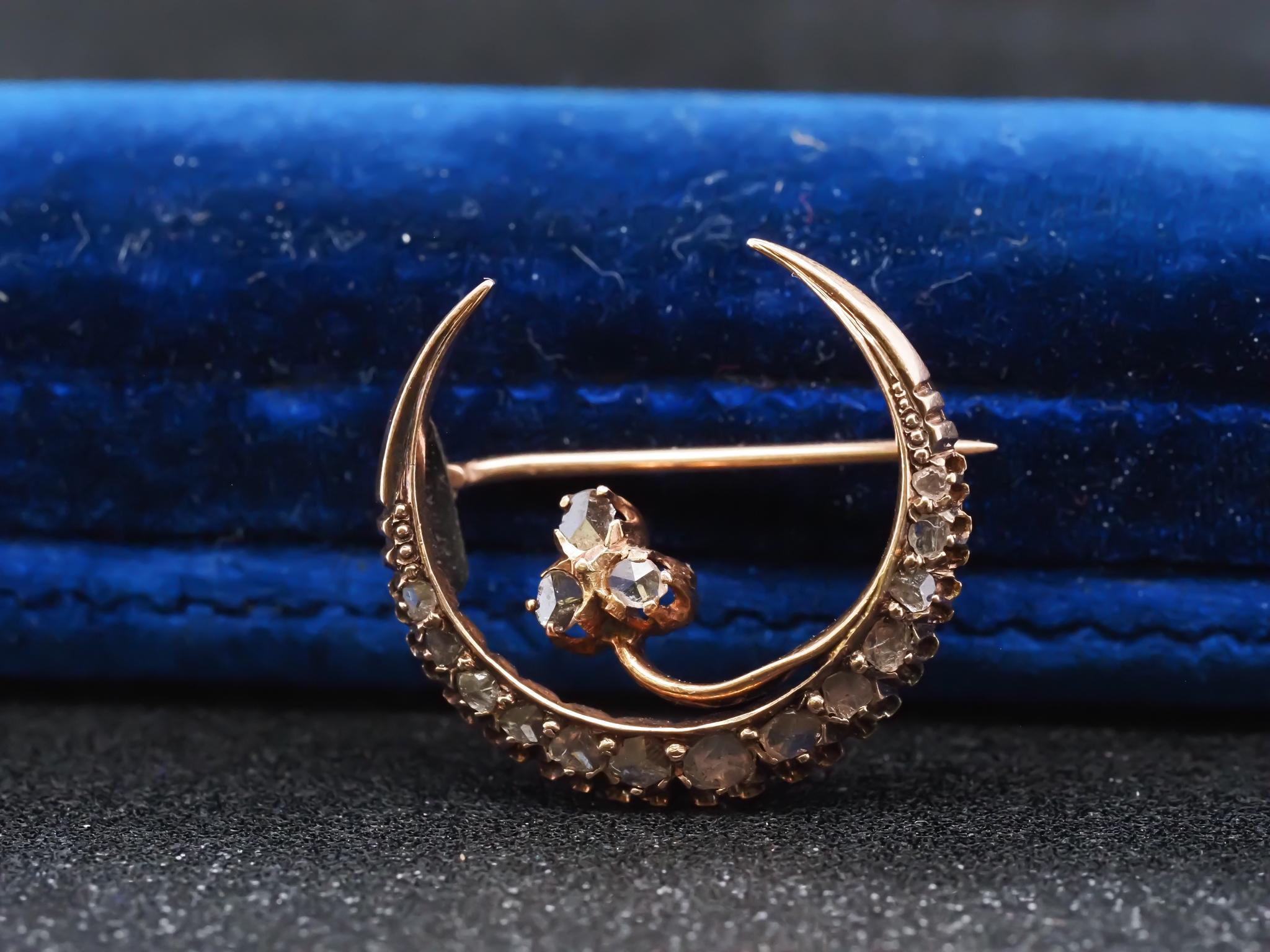 Victorian 18K Yellow Gold Rose Cut Diamond Crescent Moon Brooch - VHK#228a For Sale 2