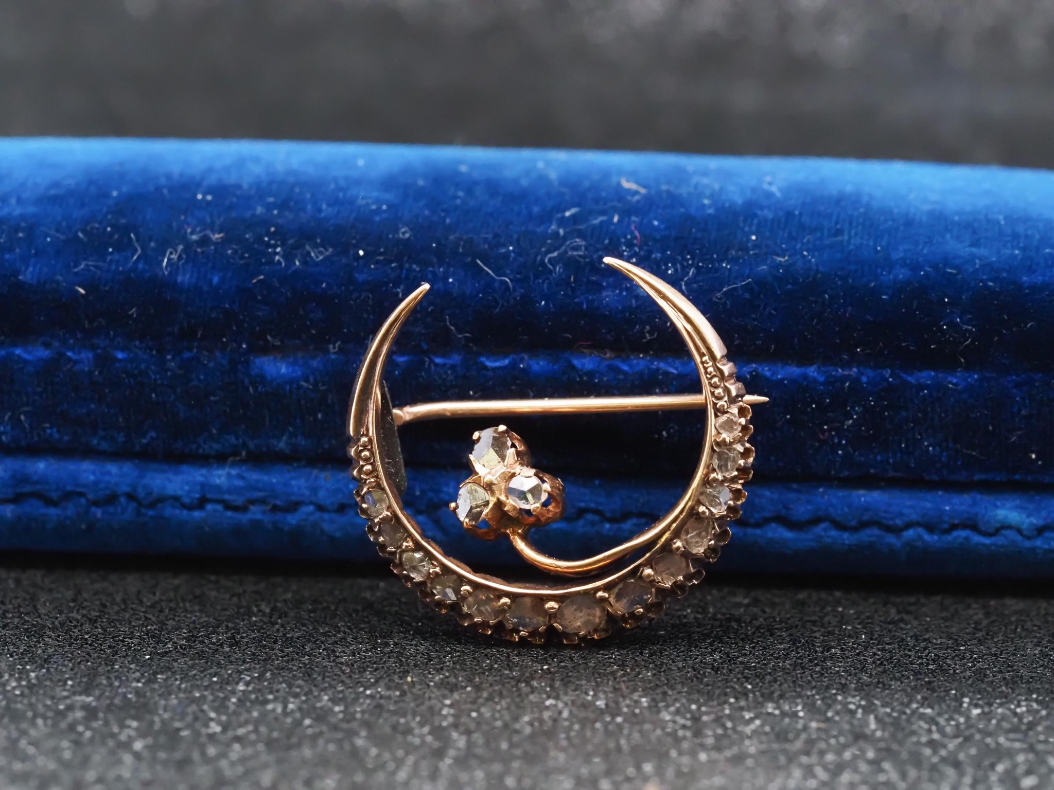 Victorian 18K Yellow Gold Rose Cut Diamond Crescent Moon Brooch - VHK#228a For Sale 3