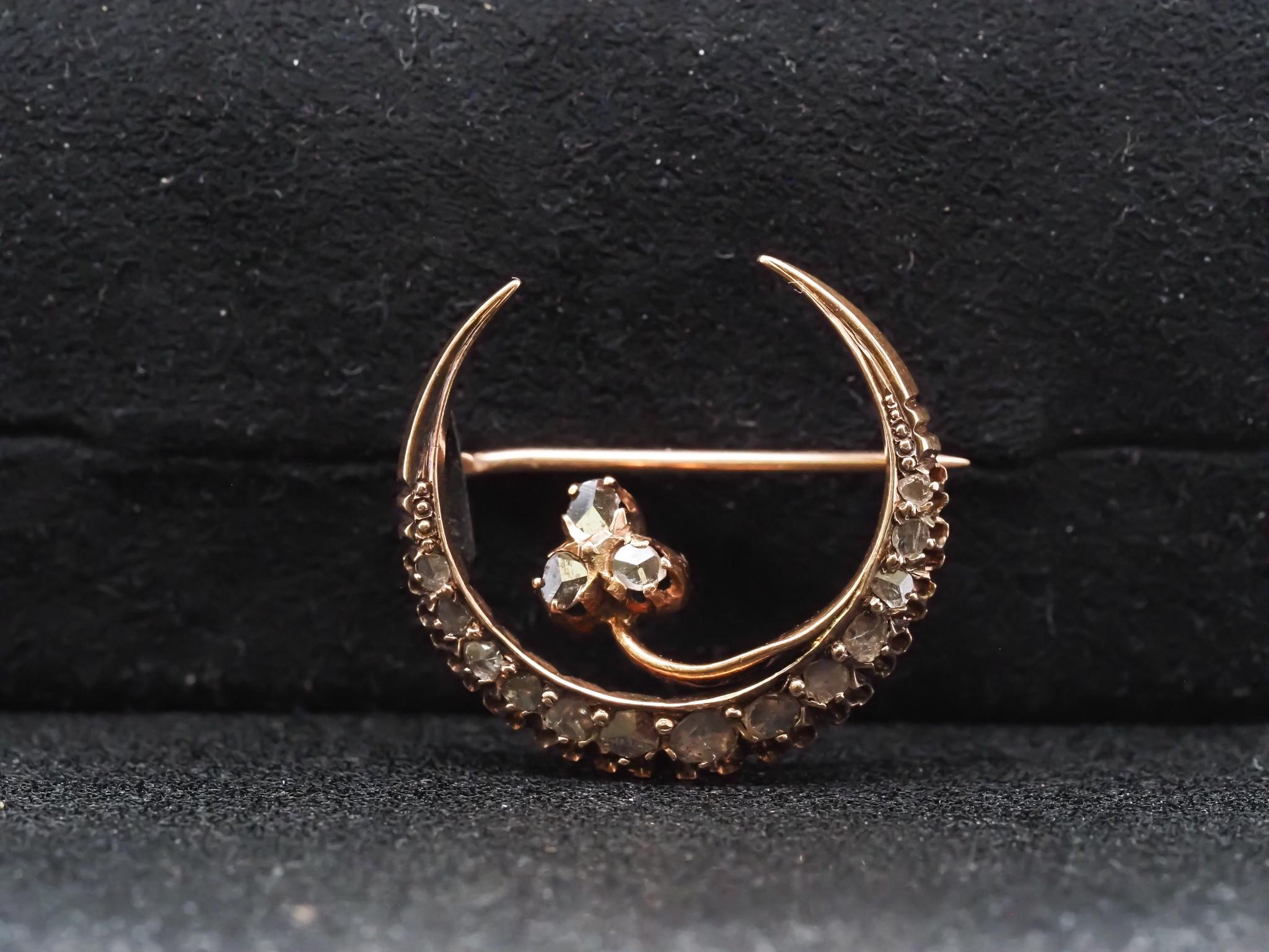 Victorian 18K Yellow Gold Rose Cut Diamond Crescent Moon Brooch - VHK#228a For Sale 4
