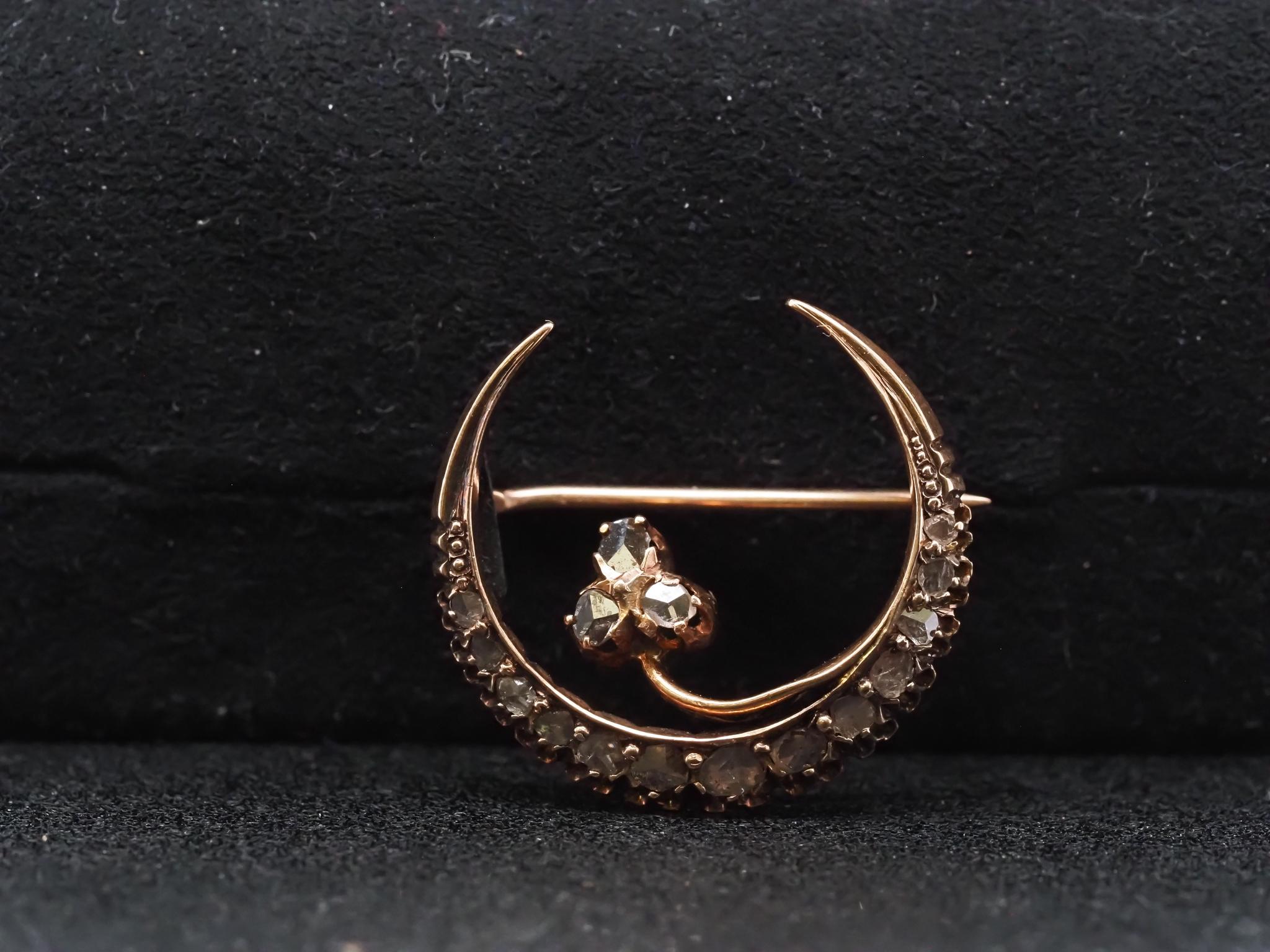 Victorian 18K Yellow Gold Rose Cut Diamond Crescent Moon Brooch - VHK#228a For Sale 5