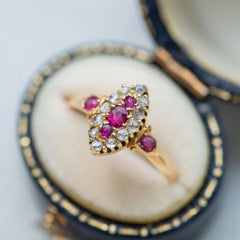 Victorian 18K Yellow Gold Ruby and Old Cut Diamond Cluster Ring