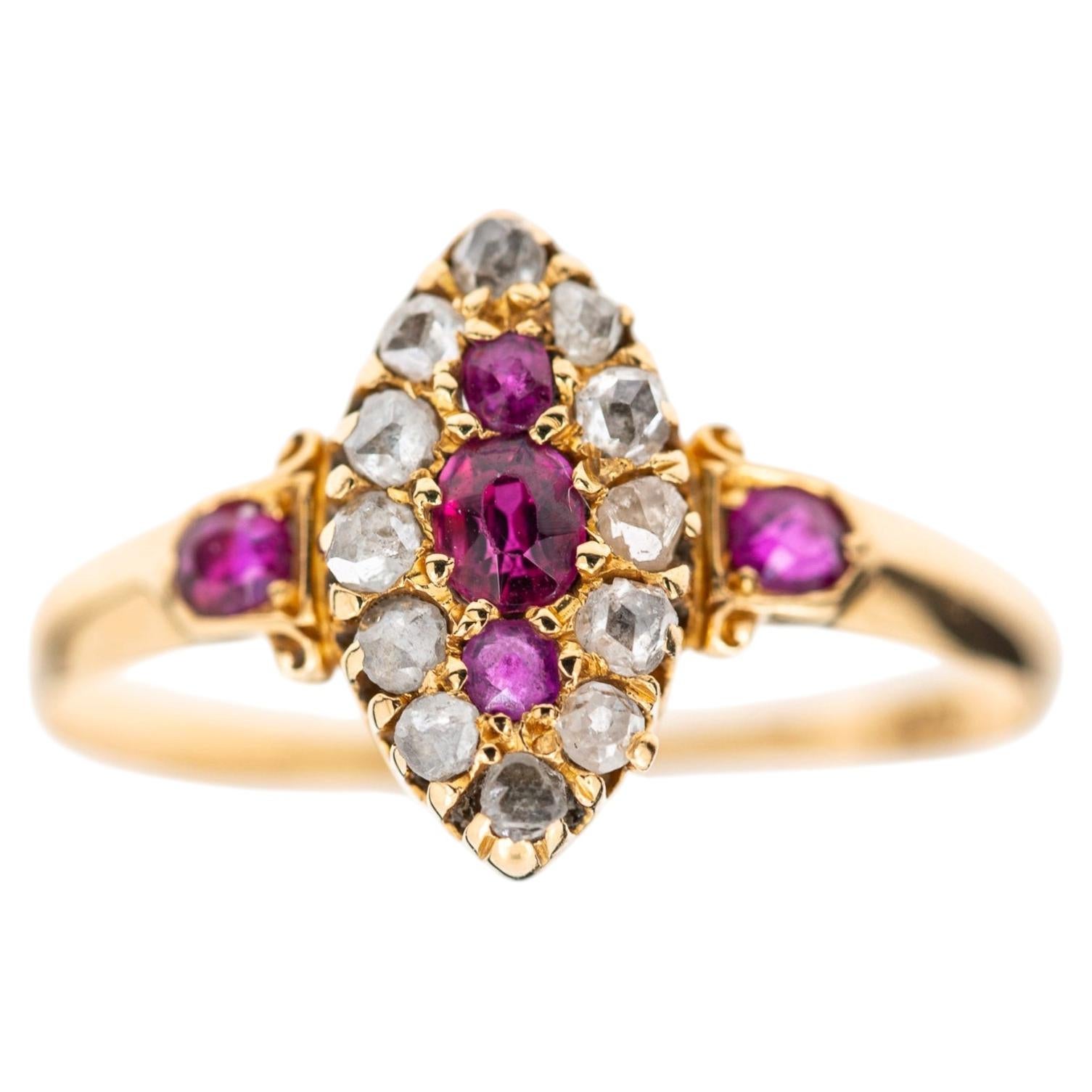 Victorian 18K Yellow Gold Ruby and Old Cut Diamond Cluster Ring