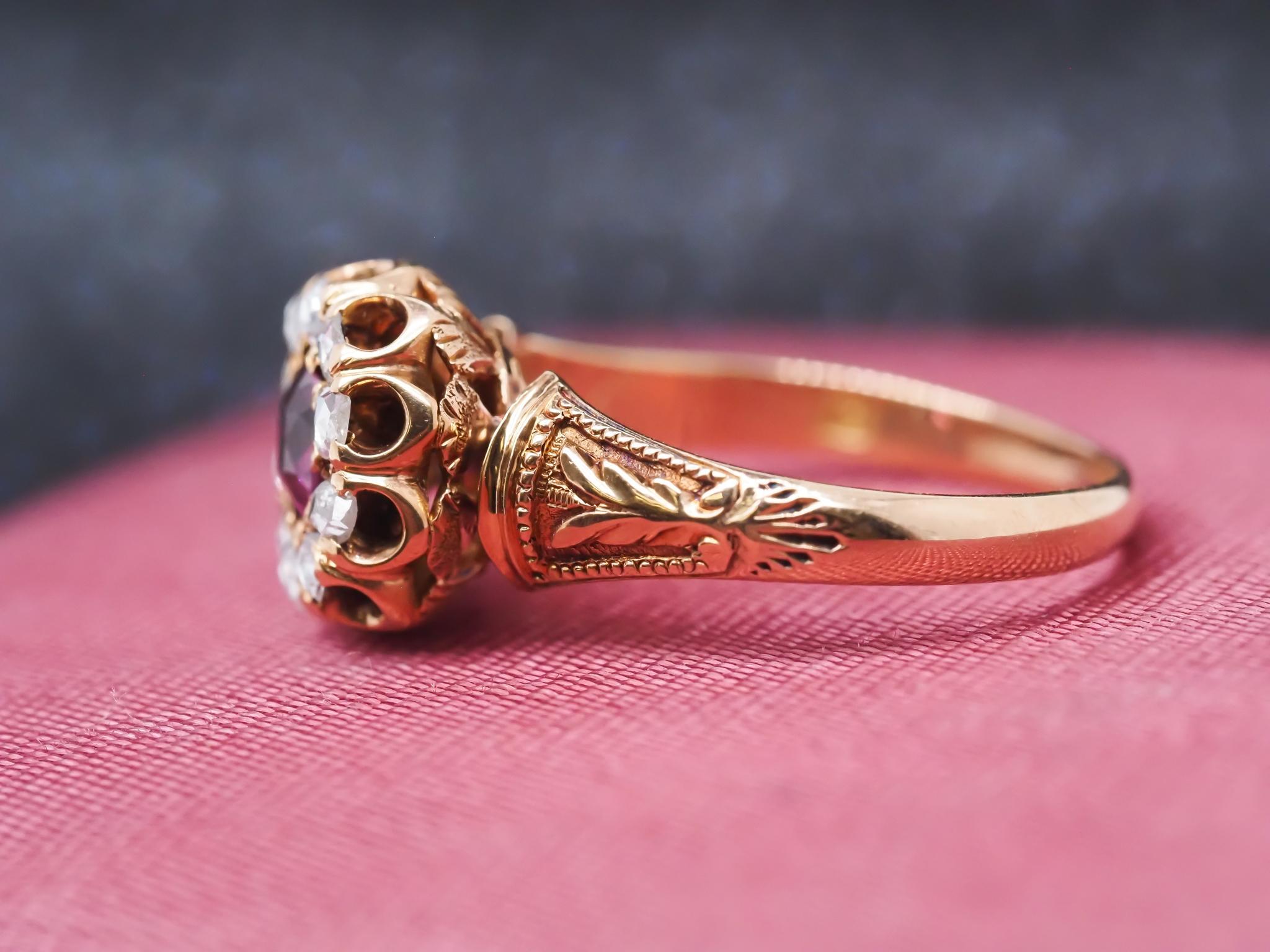 Round Cut Victorian 18K Yellow Gold Ruby and Rose Cut Diamond Ring For Sale