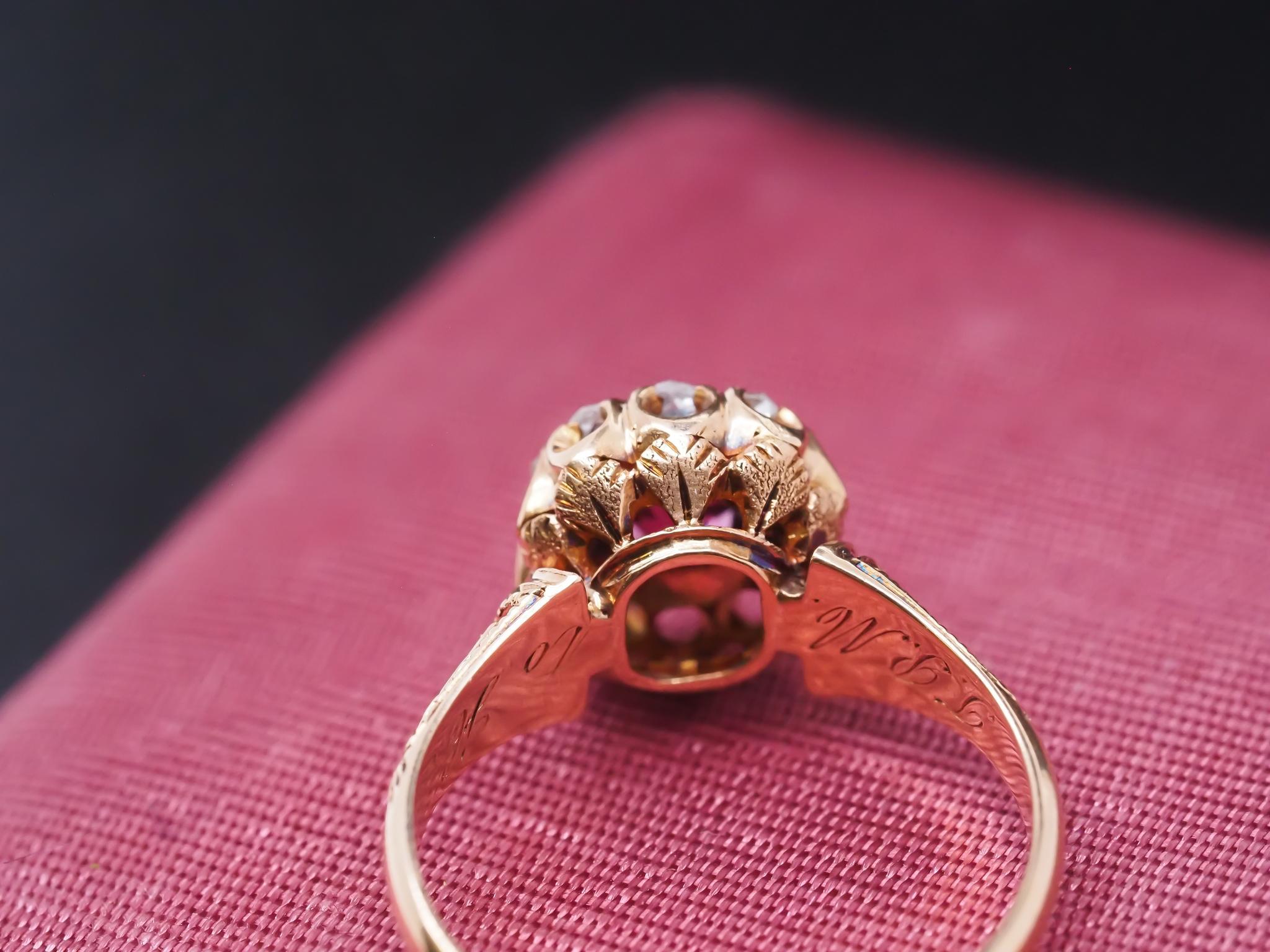 Women's Victorian 18K Yellow Gold Ruby and Rose Cut Diamond Ring For Sale