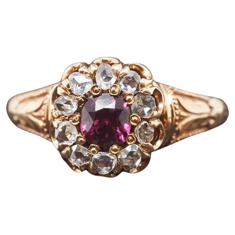 Anello vittoriano in oro giallo 18 carati con rubino e diamanti taglio rosa