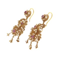 Victorian 18K Yellow Gold Ruby Pearl Prong Setting Drop Earring
