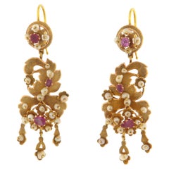 Victorian 18K Yellow Gold Ruby Pearl Prong Setting Drop Earring