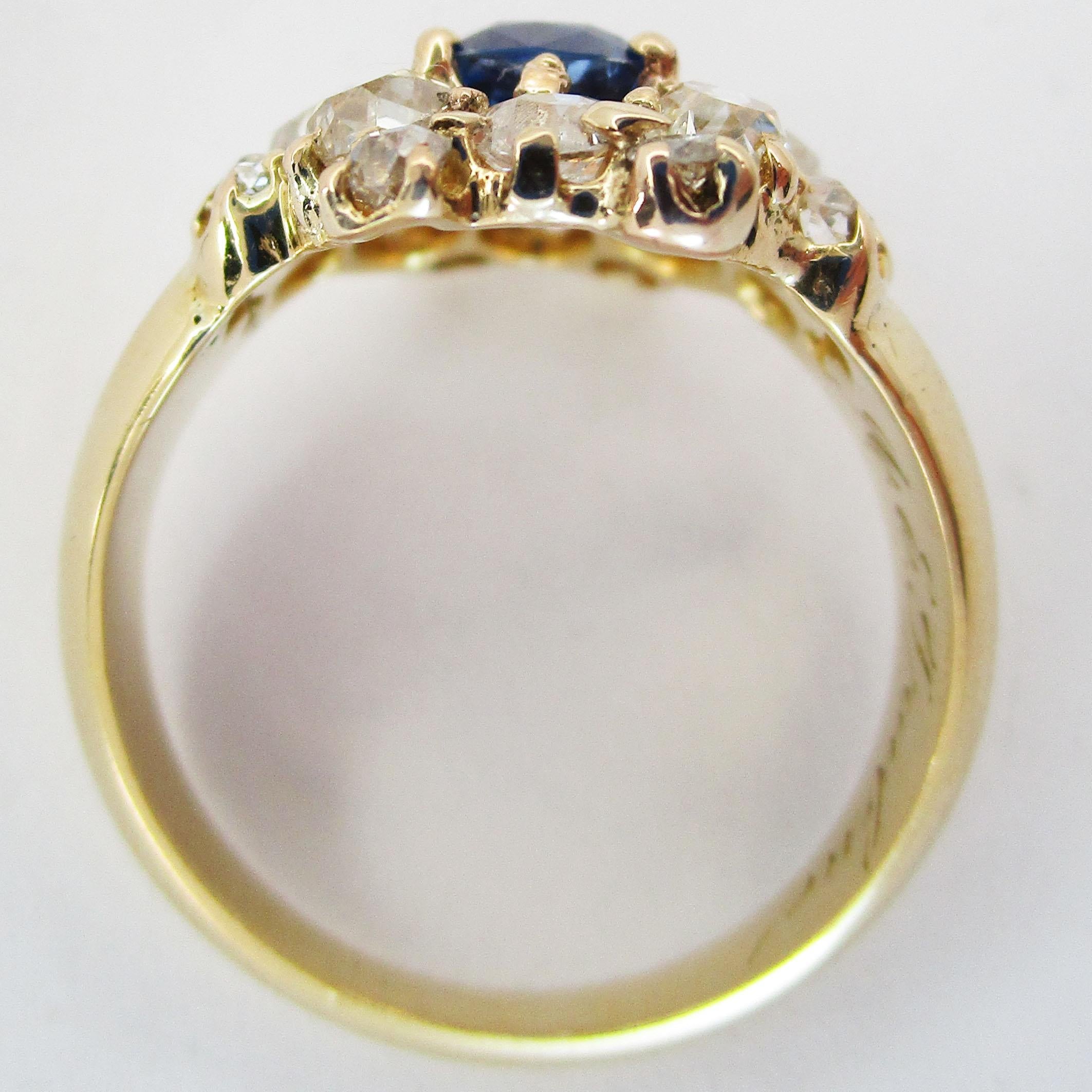 Cushion Cut Victorian 18K Yellow Gold Sapphire and Diamond Cocktail Ring