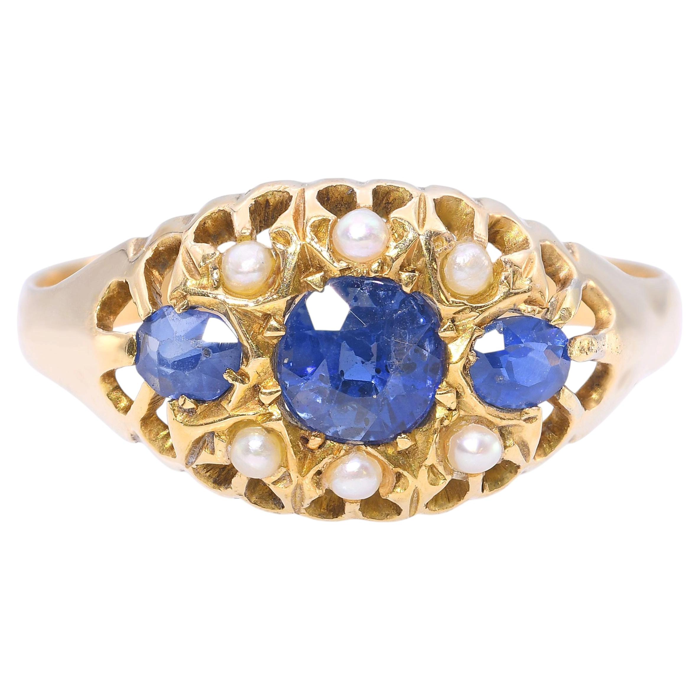 Bague victorienne en or jaune 18k, saphir et perles de rocaille