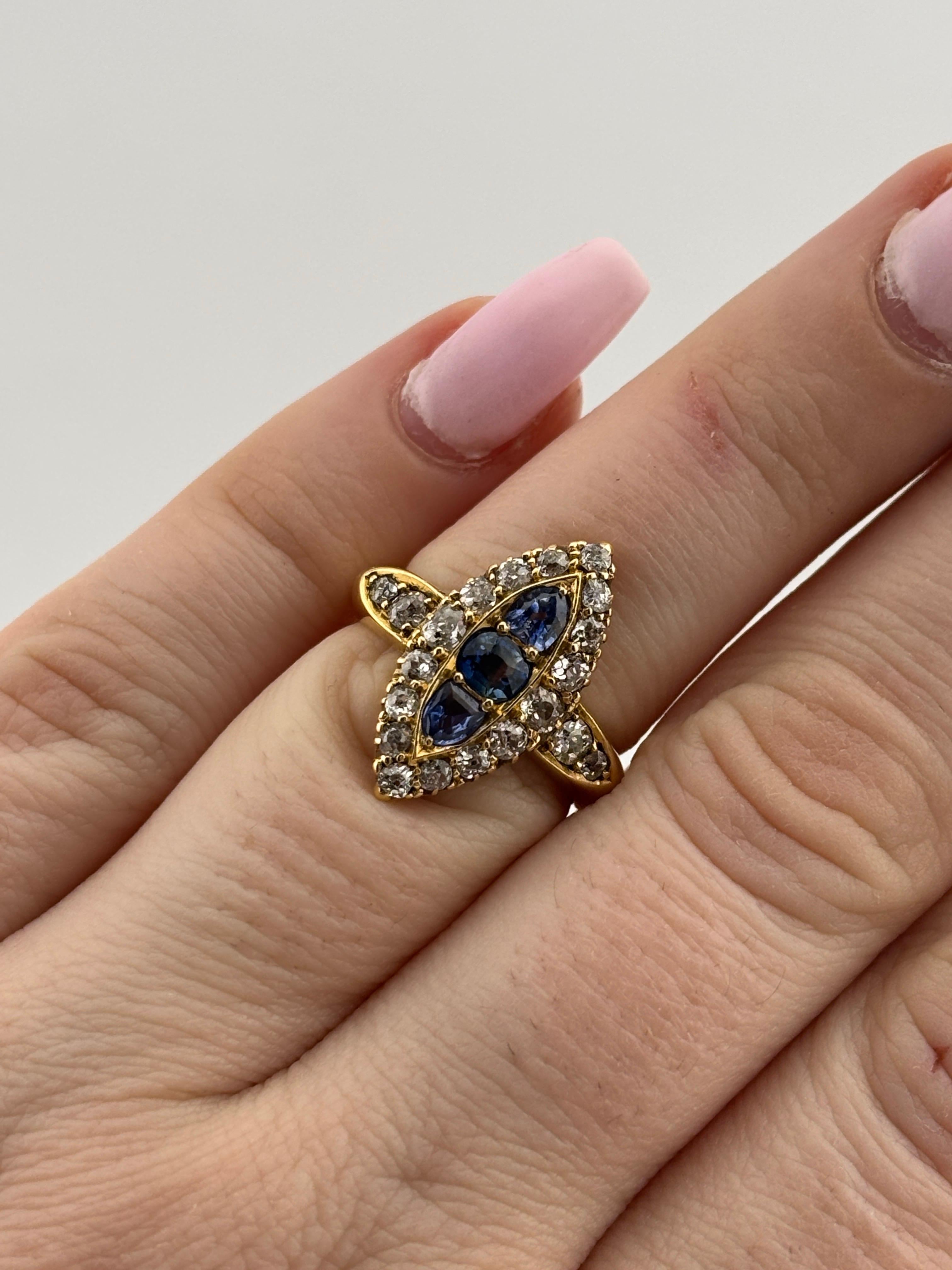 Victorian 18k Yellow Gold Sapphire & Natural Diamond Navette Ring For Sale 5