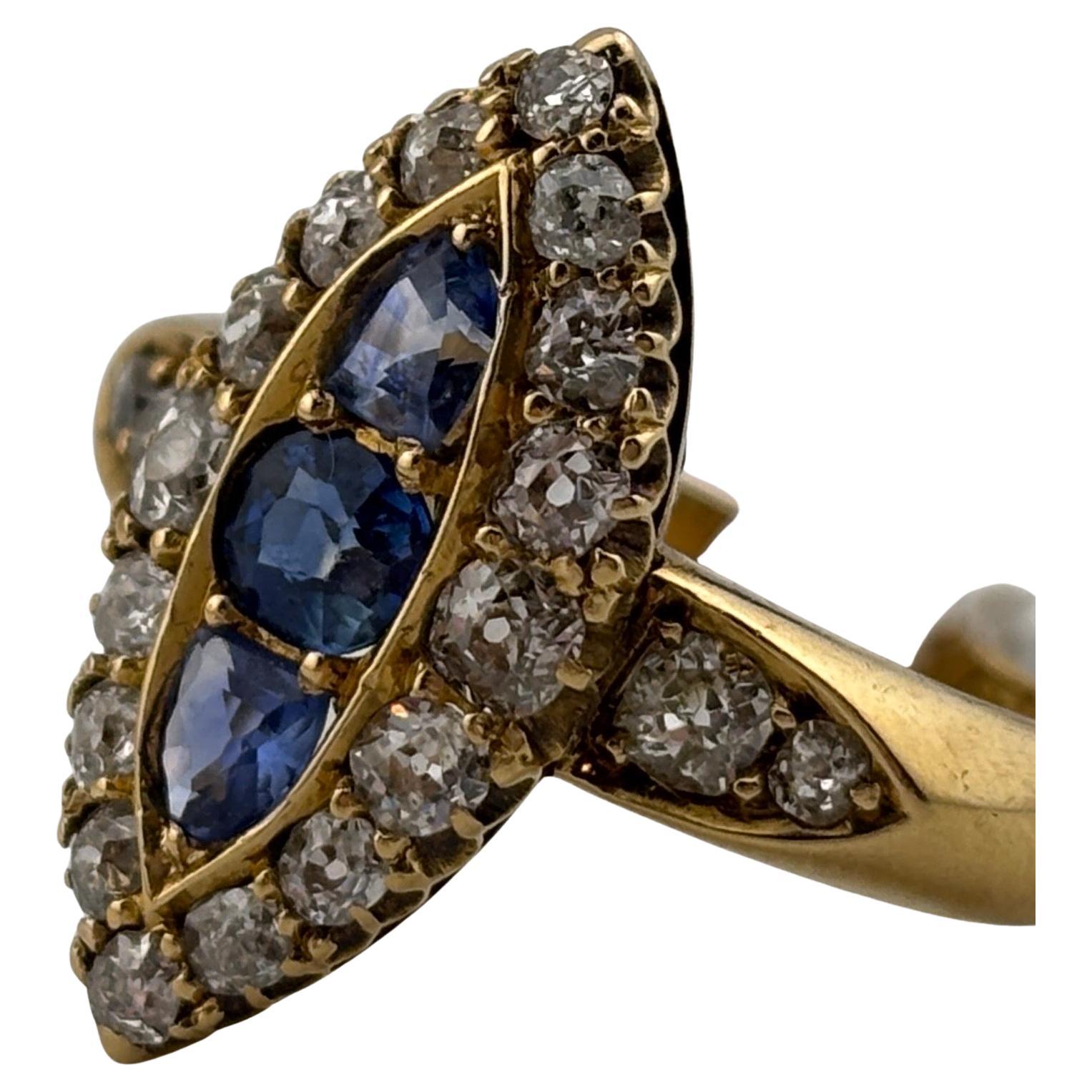 Victorian 18k Yellow Gold Sapphire & Natural Diamond Navette Ring For Sale 6