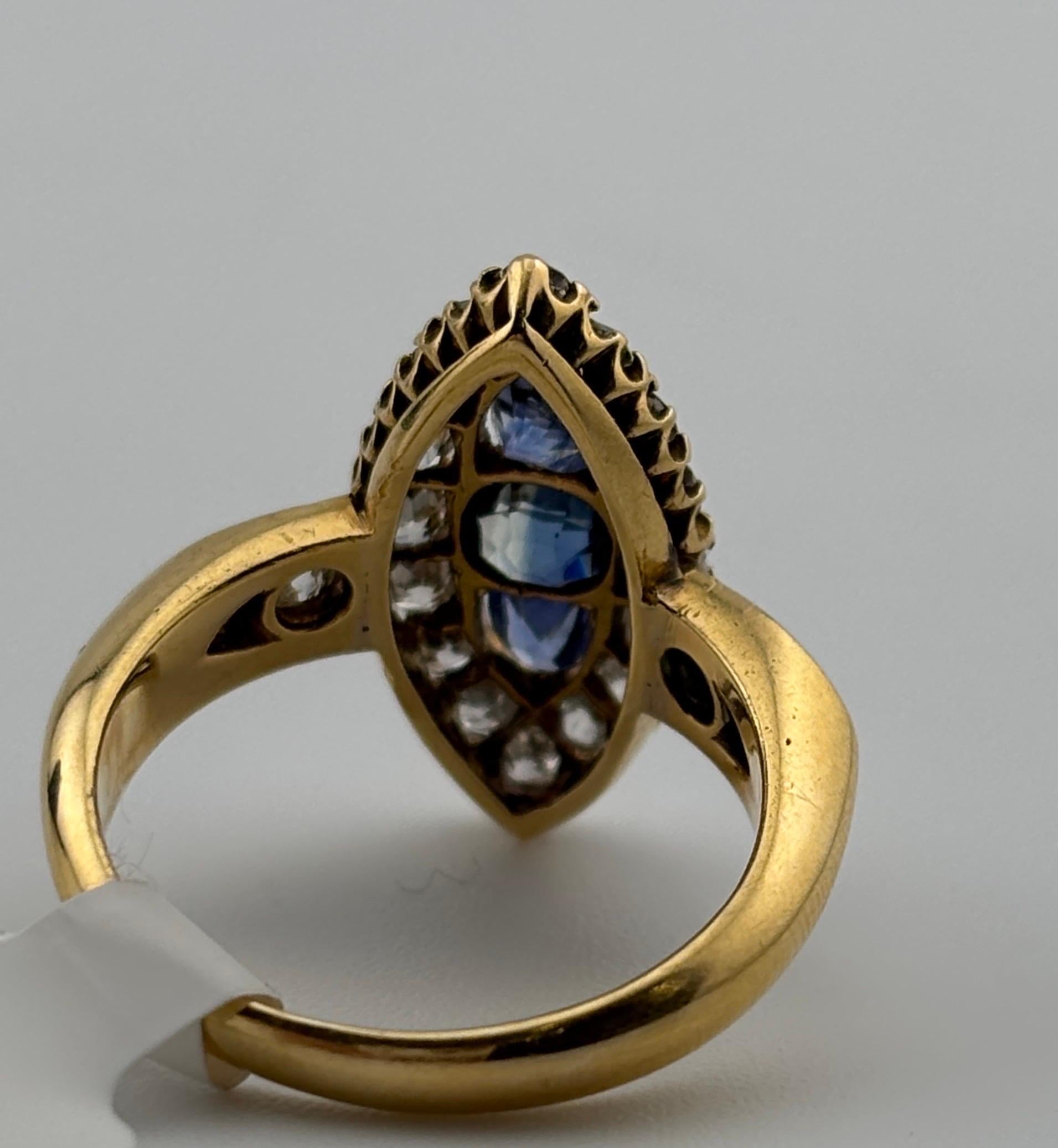 Victorian 18k Yellow Gold Sapphire & Natural Diamond Navette Ring For Sale 7