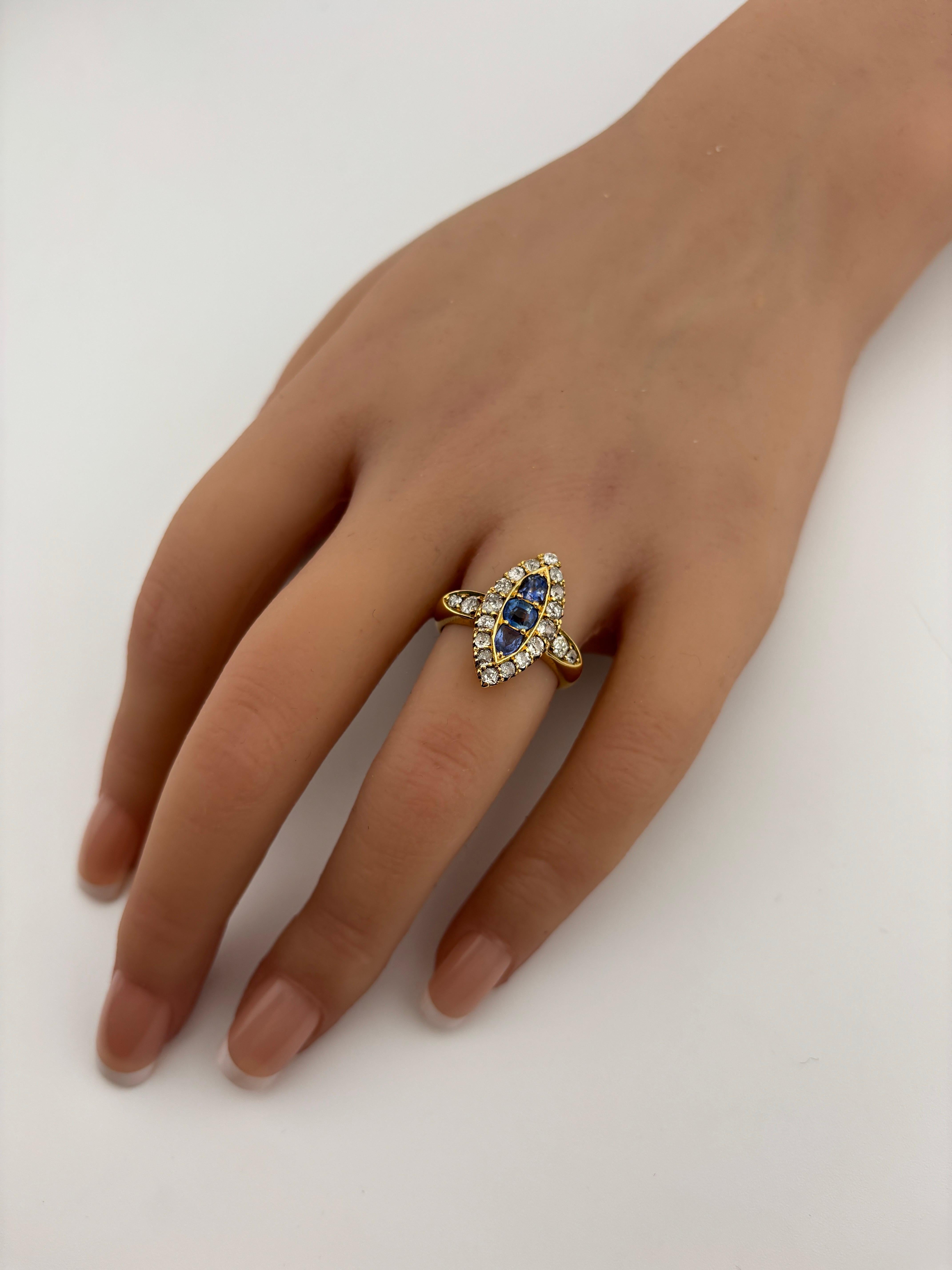 Victorian 18k Yellow Gold Sapphire & Natural Diamond Navette Ring For Sale 8