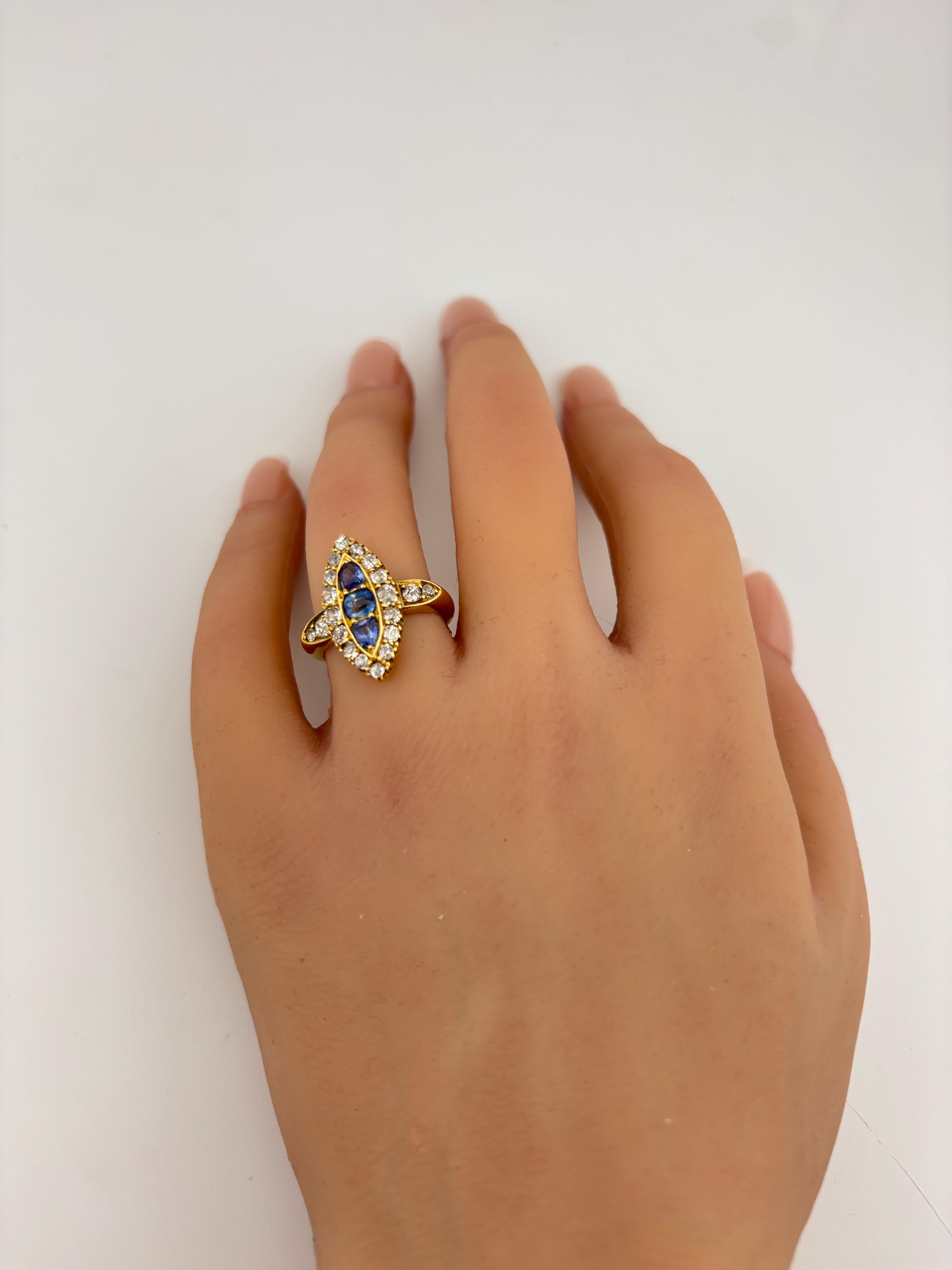 Victorian 18k Yellow Gold Sapphire & Natural Diamond Navette Ring For Sale 9