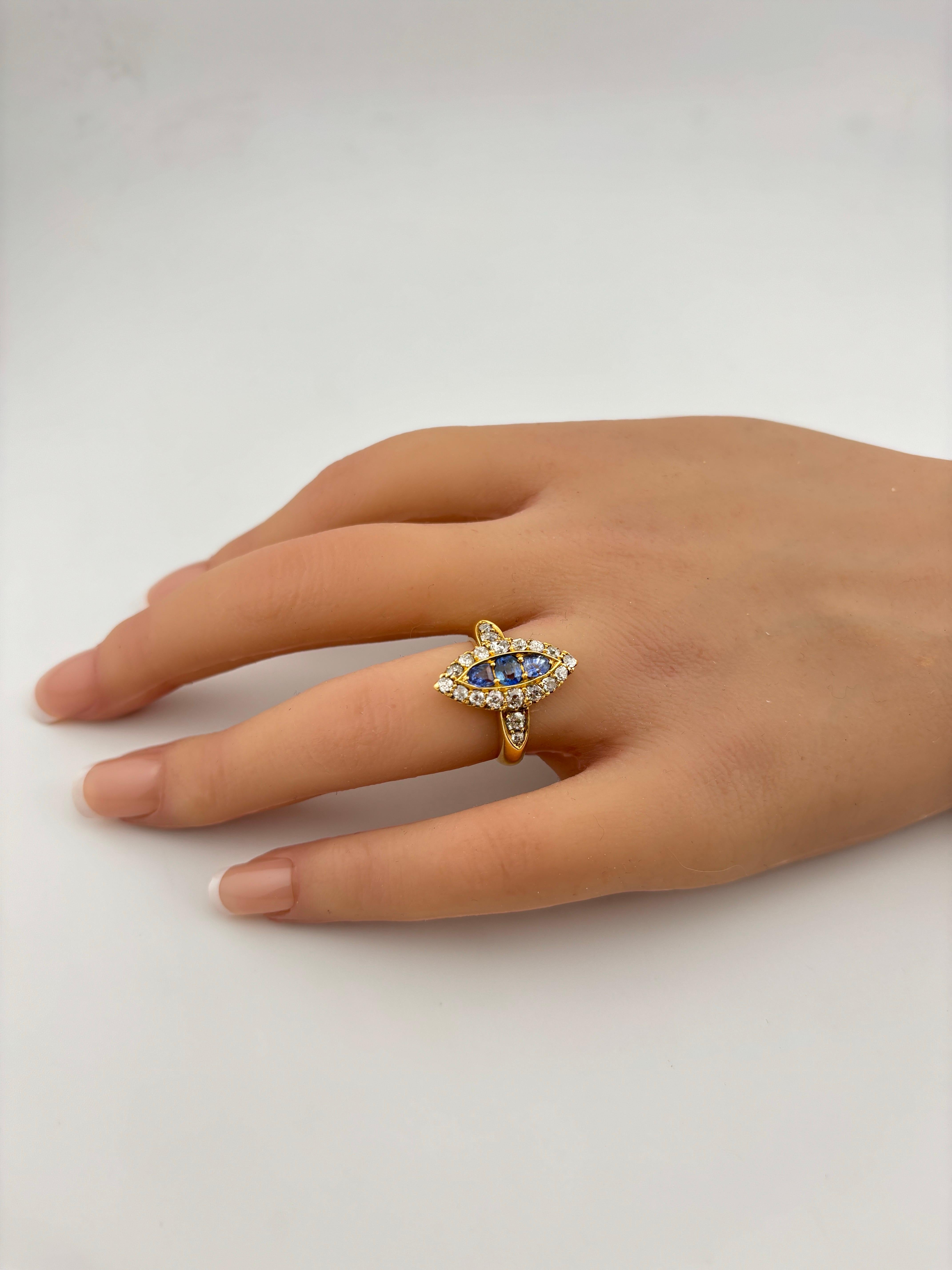 Victorian 18k Yellow Gold Sapphire & Natural Diamond Navette Ring For Sale 10