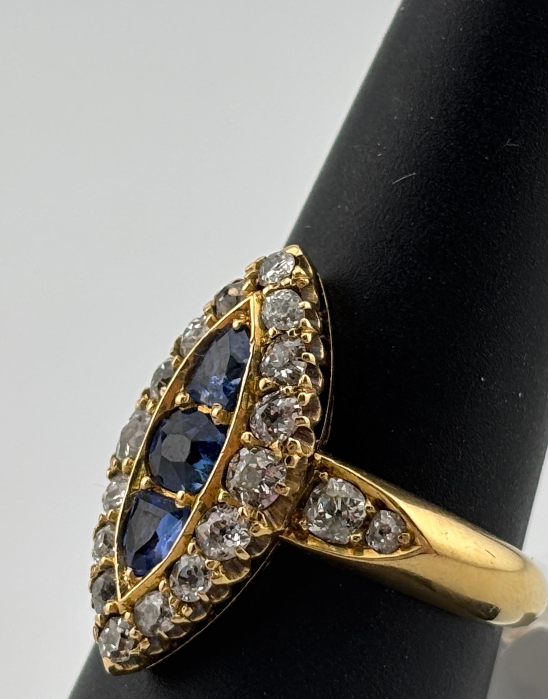 Old European Cut Victorian 18k Yellow Gold Sapphire & Natural Diamond Navette Ring For Sale