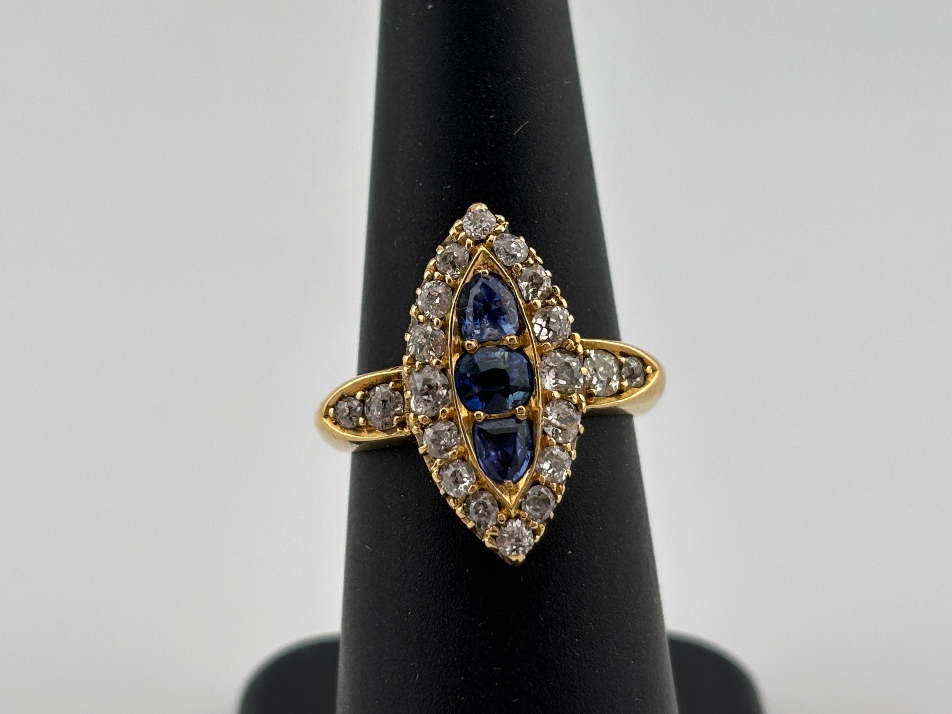 Victorian 18k Yellow Gold Sapphire & Natural Diamond Navette Ring In Good Condition For Sale In Bernardsville, NJ