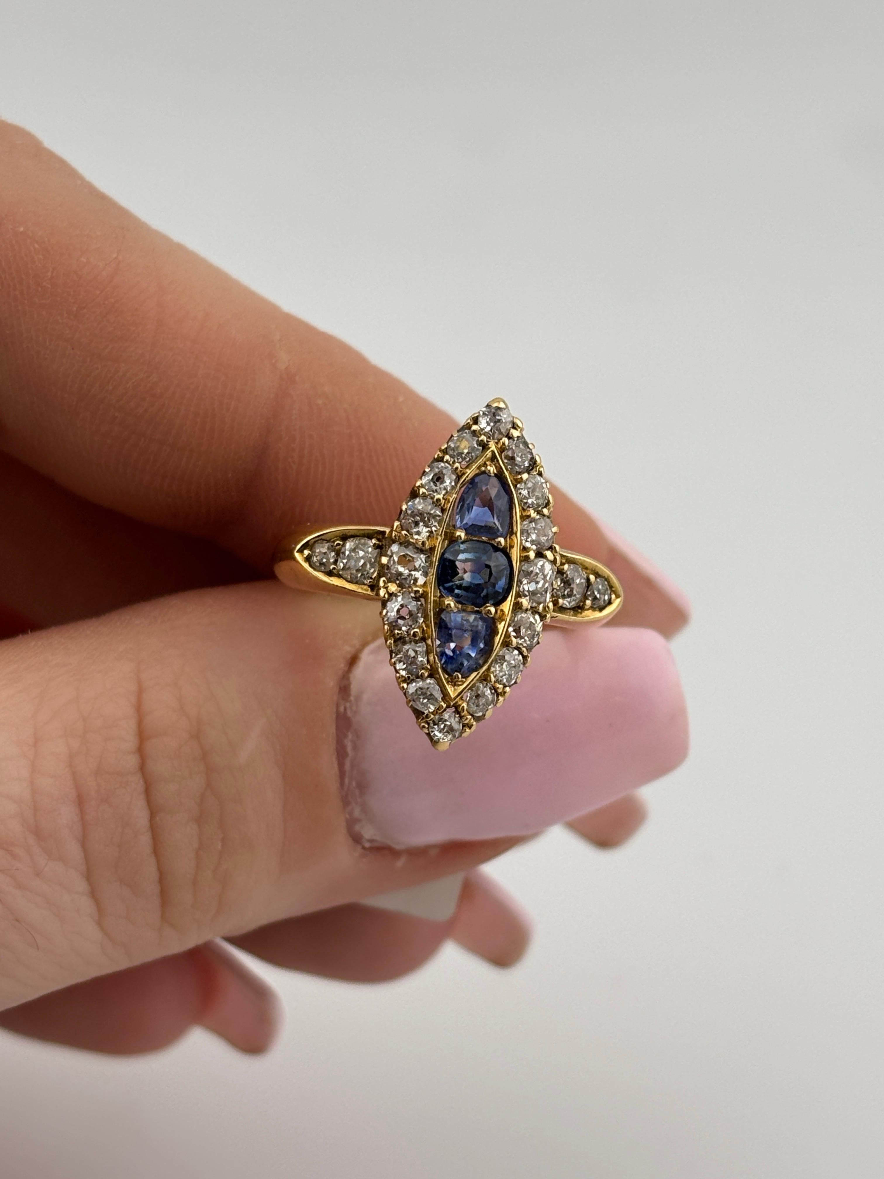 Women's or Men's Victorian 18k Yellow Gold Sapphire & Natural Diamond Navette Ring For Sale