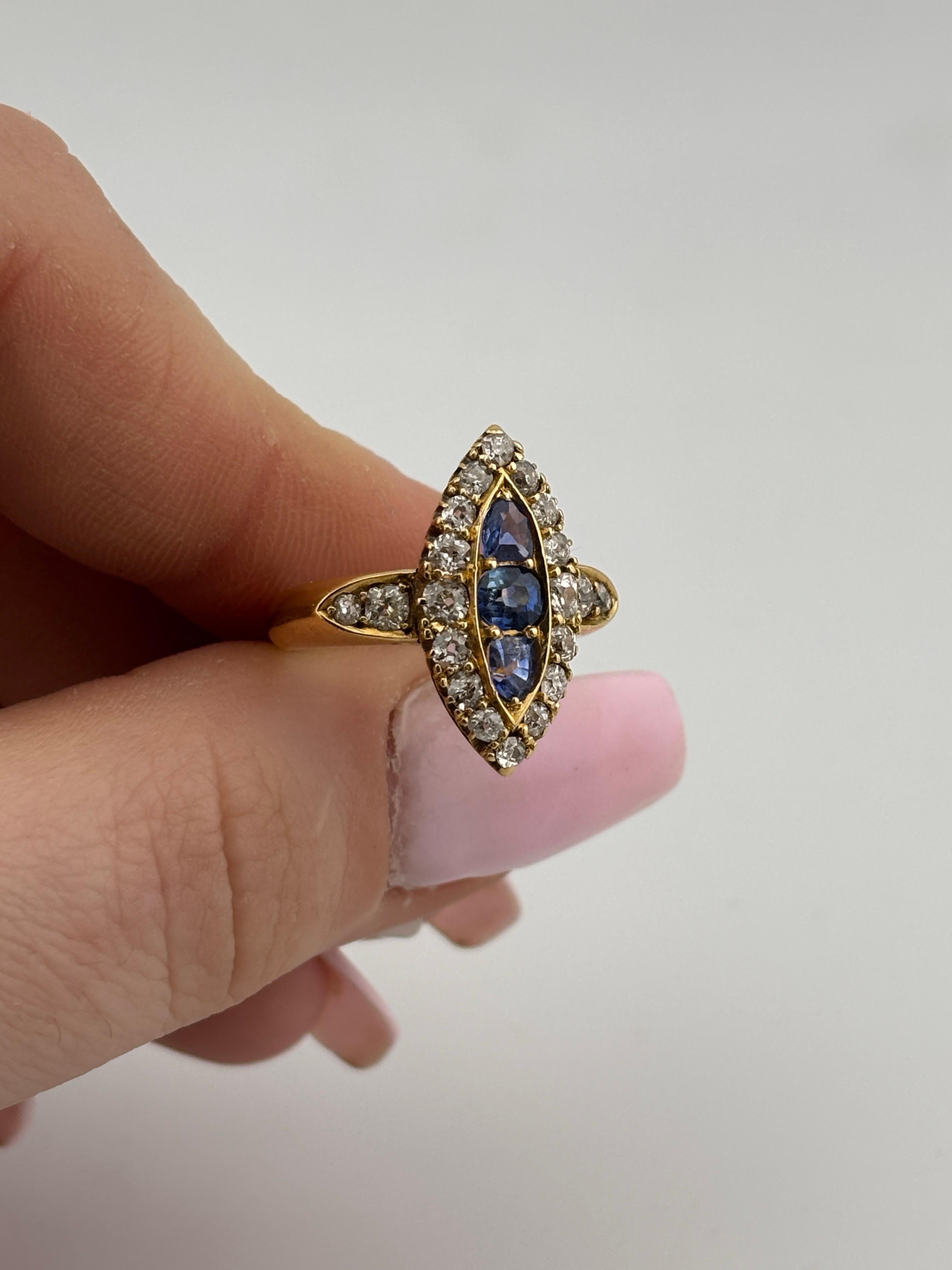 Victorian 18k Yellow Gold Sapphire & Natural Diamond Navette Ring For Sale 4