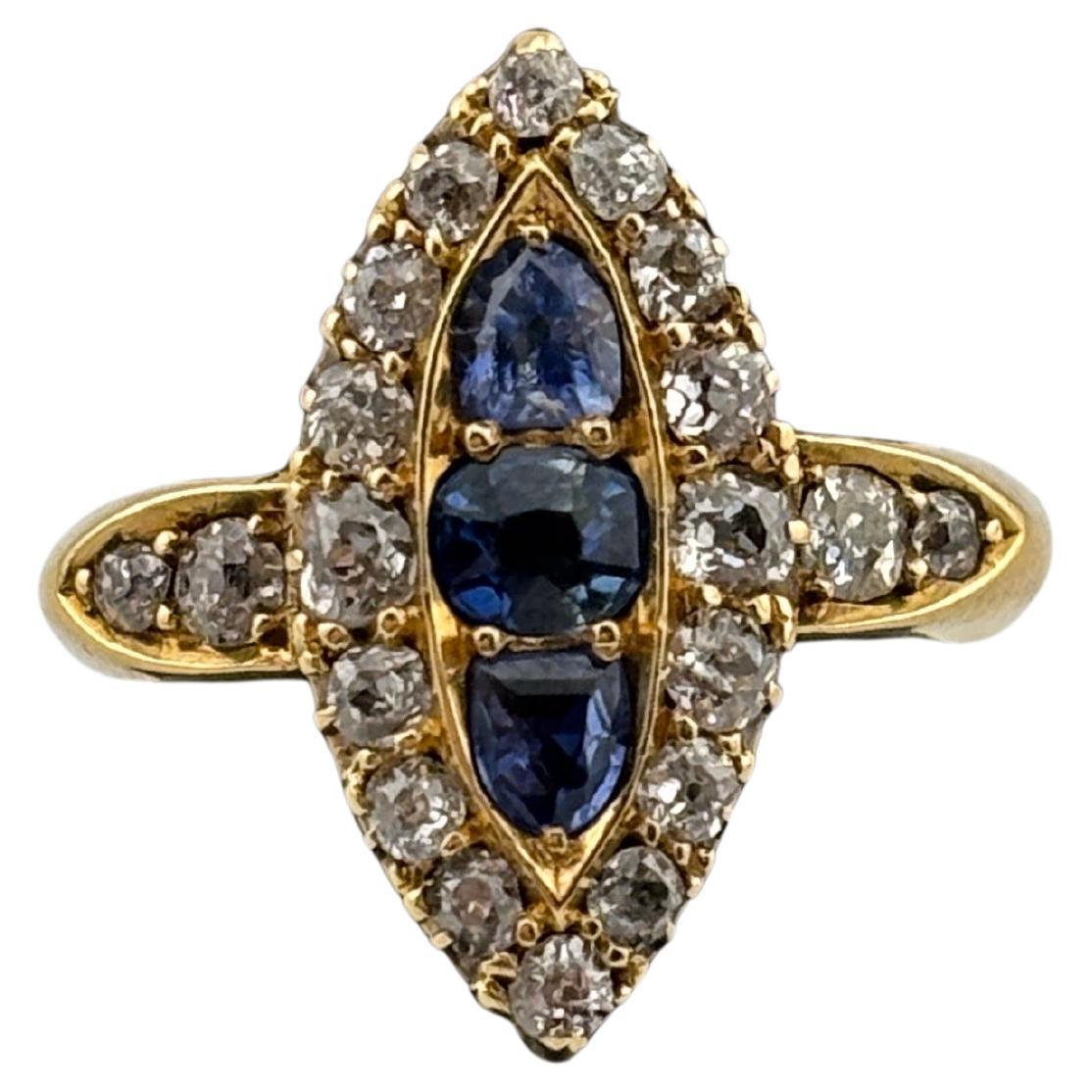 Anillo Victoriano Navette de Zafiro y Diamante Natural en Oro Amarillo de 18k