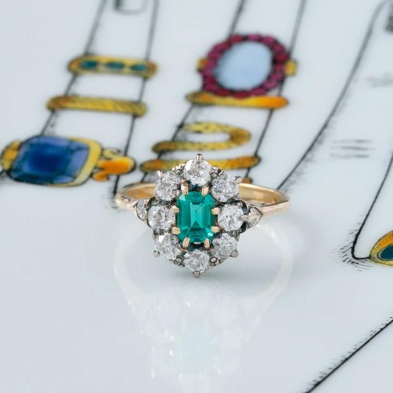 Victorian 18K Gold and Silver and 1.0 Carat Emerald and 1.50 Carat Diamond Halo In Excellent Condition In New York, NY