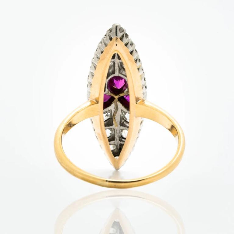 Old European Cut Victorian 18K Yellow Gold, Silver and 1.15Cts, Diamonds and Rubies Navette Ring For Sale